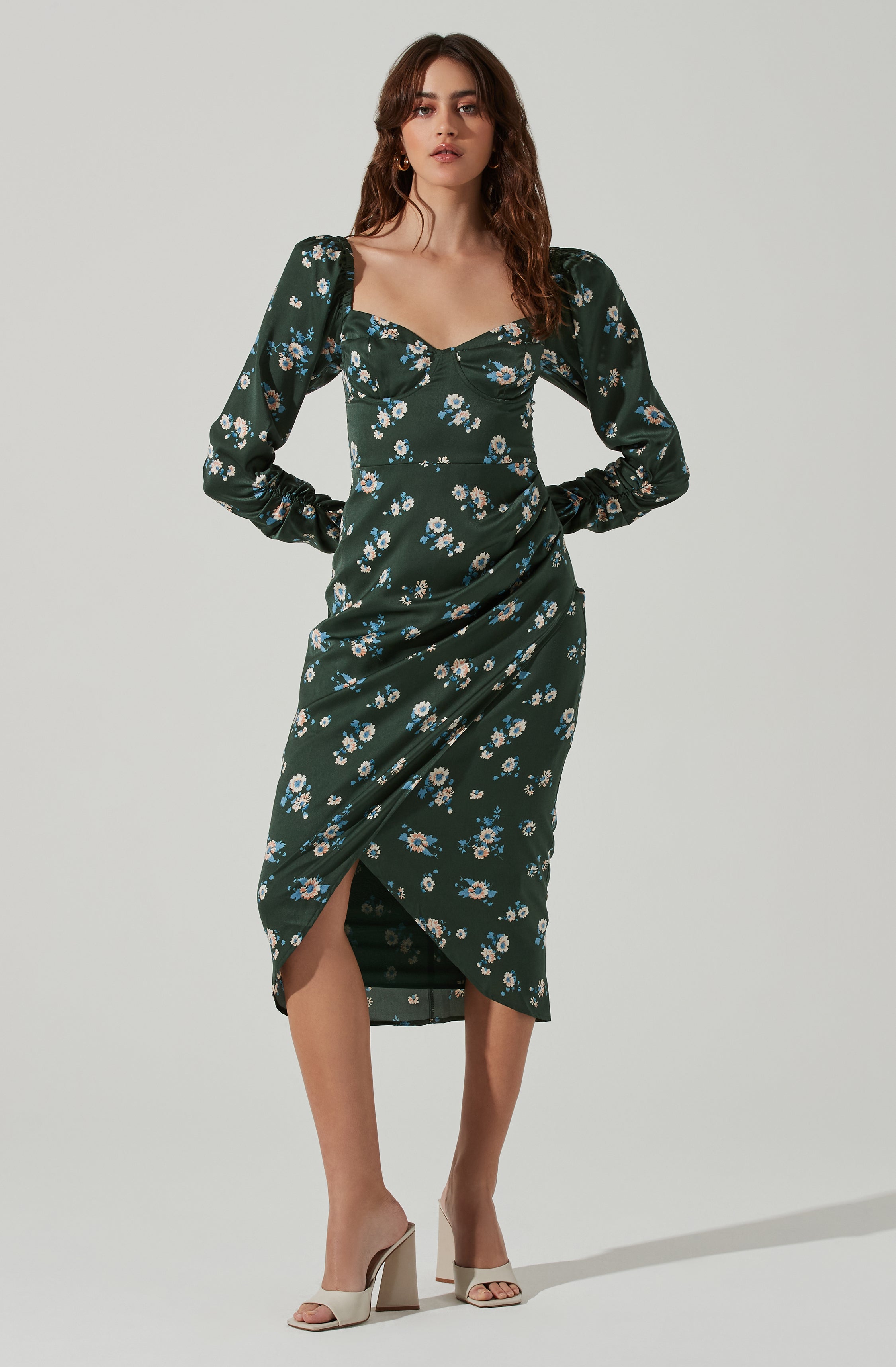 Floral Long Sleeve Milkmaid Satin Midi Dress-Aljck