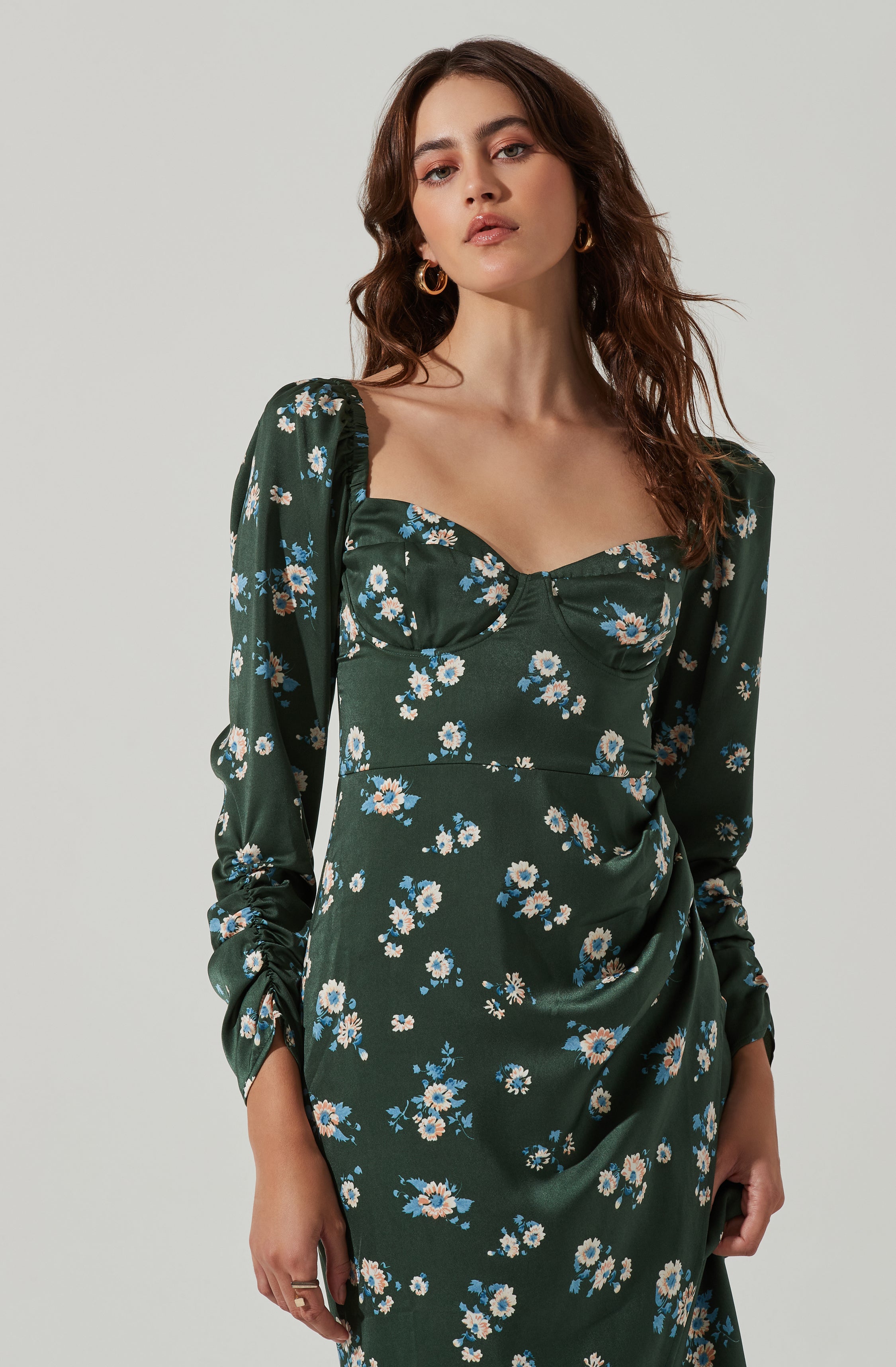 Floral Long Sleeve Milkmaid Satin Midi Dress-Aljck
