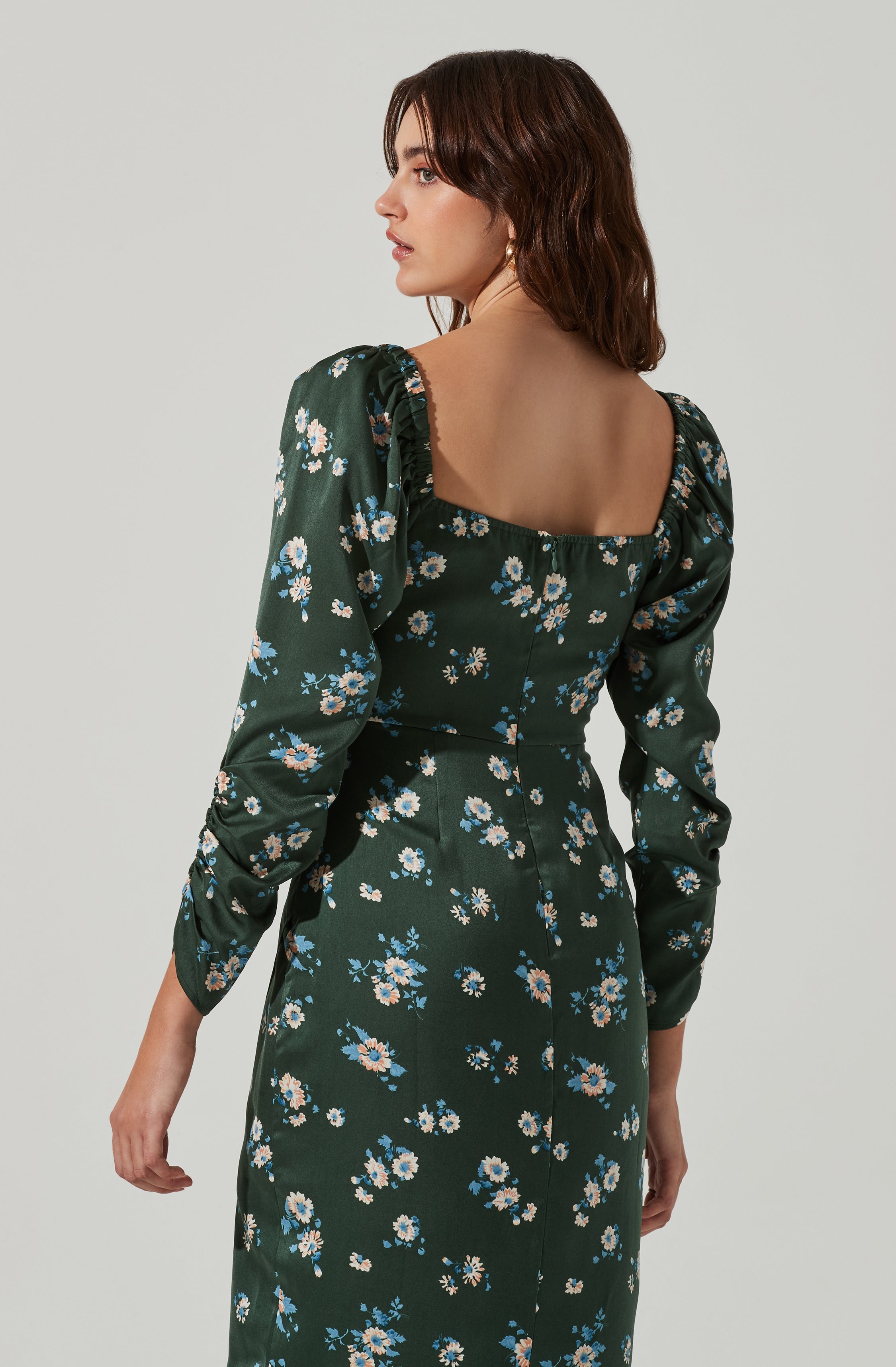 Floral Long Sleeve Milkmaid Satin Midi Dress-Aljck