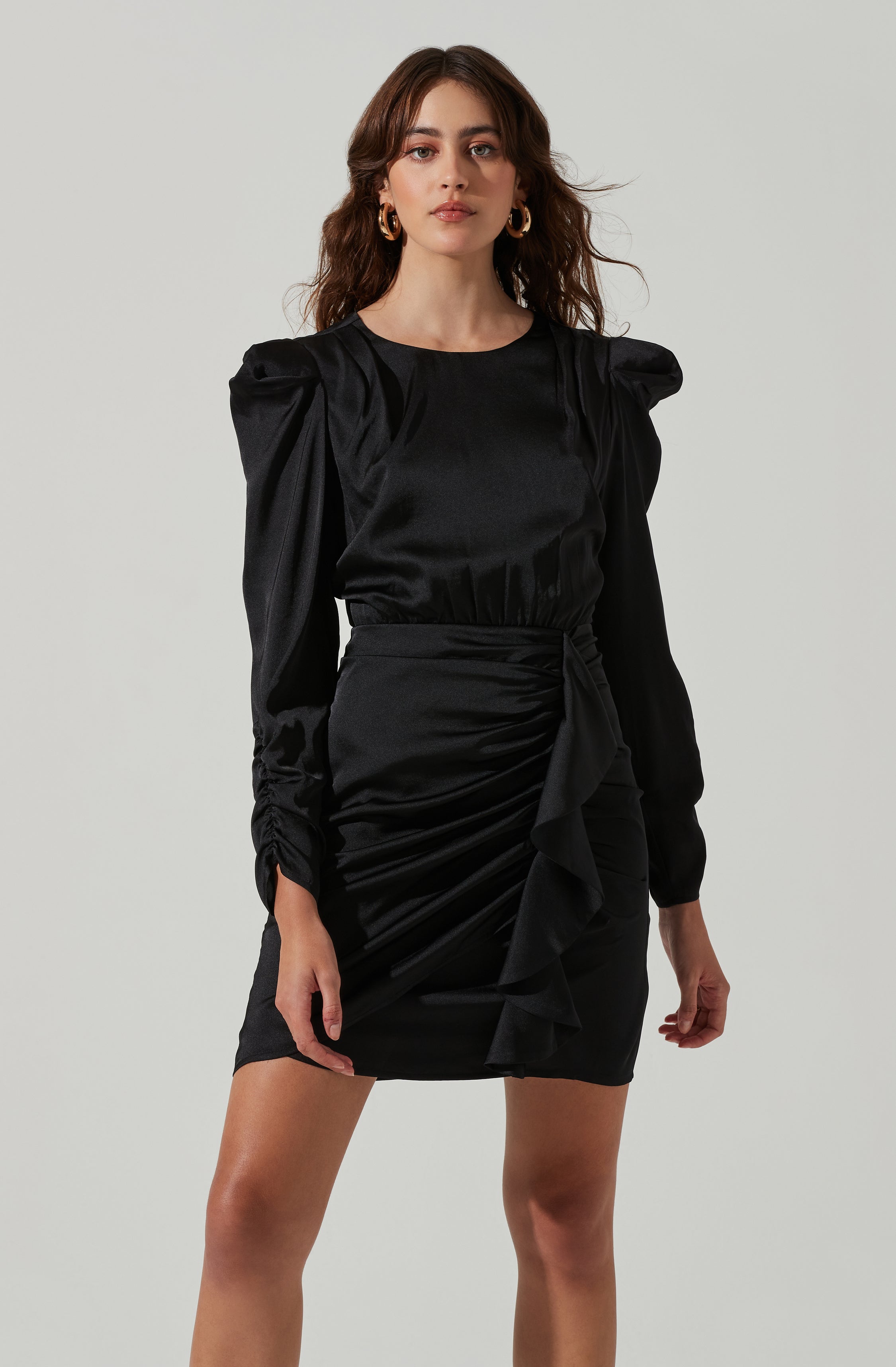 Long Sleeve Ruffle Front Mini Dress-Aljck