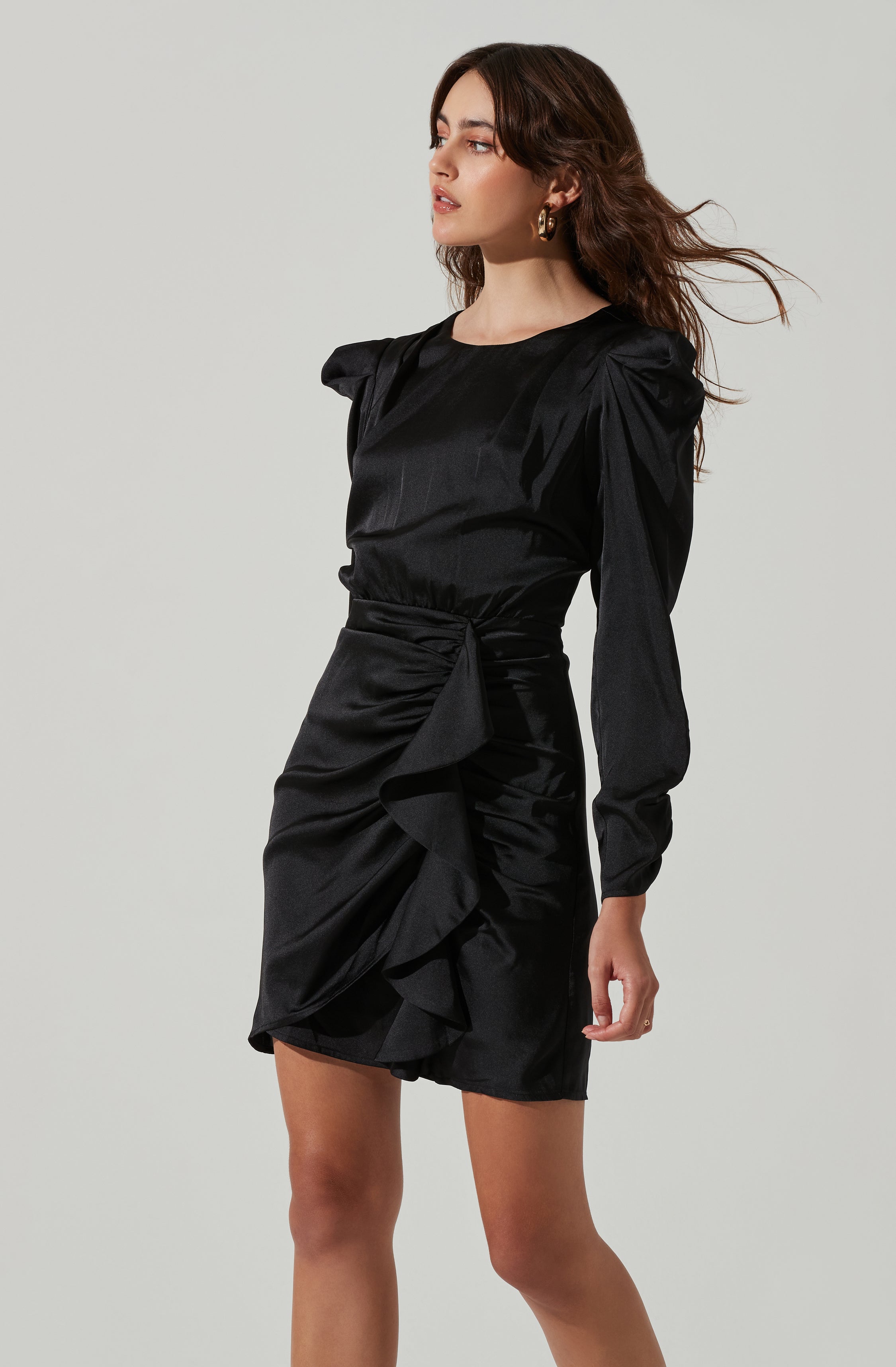Long Sleeve Ruffle Front Mini Dress-Aljck