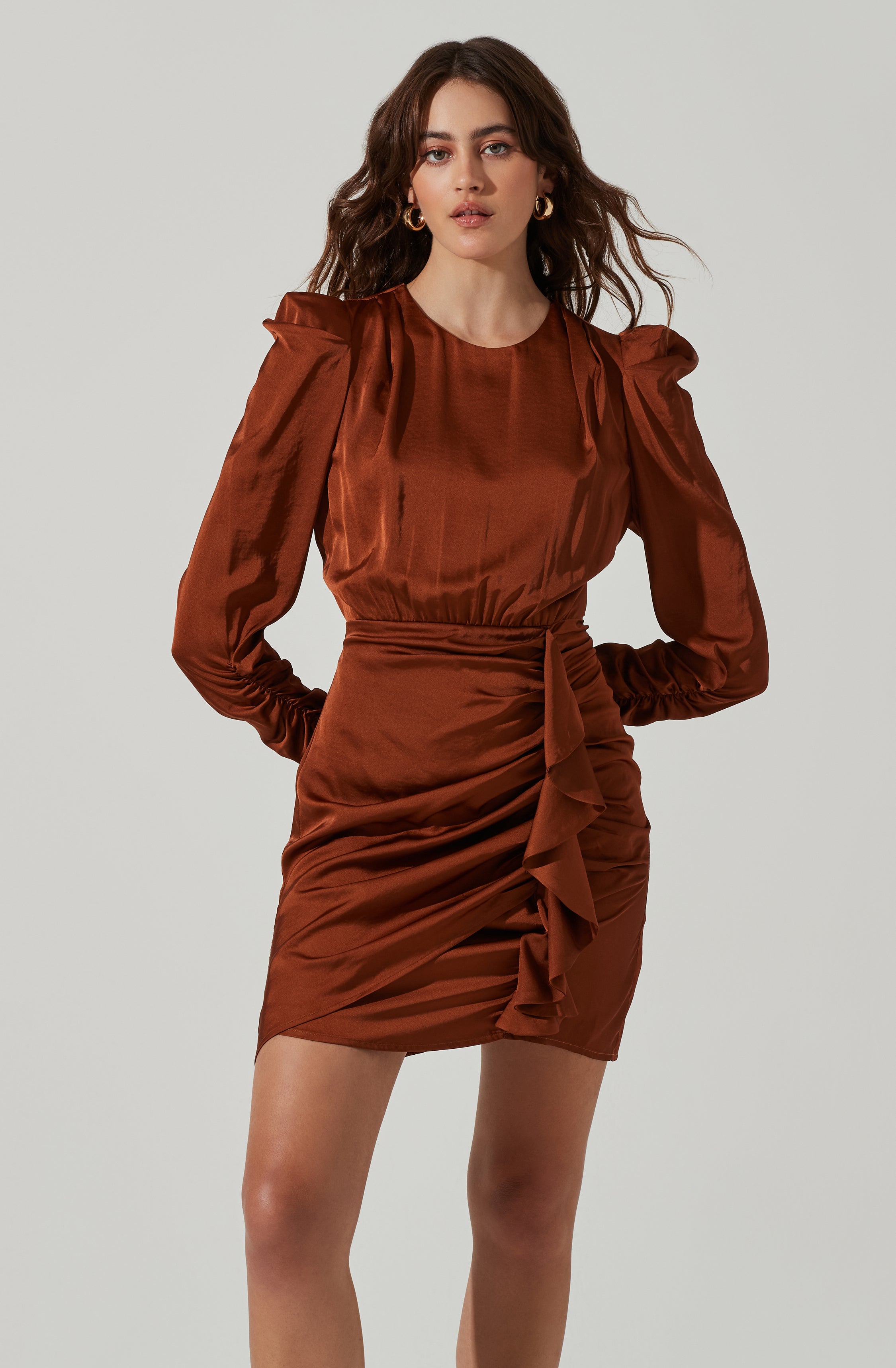 Long Sleeve Ruffle Front Mini Dress-Aljck