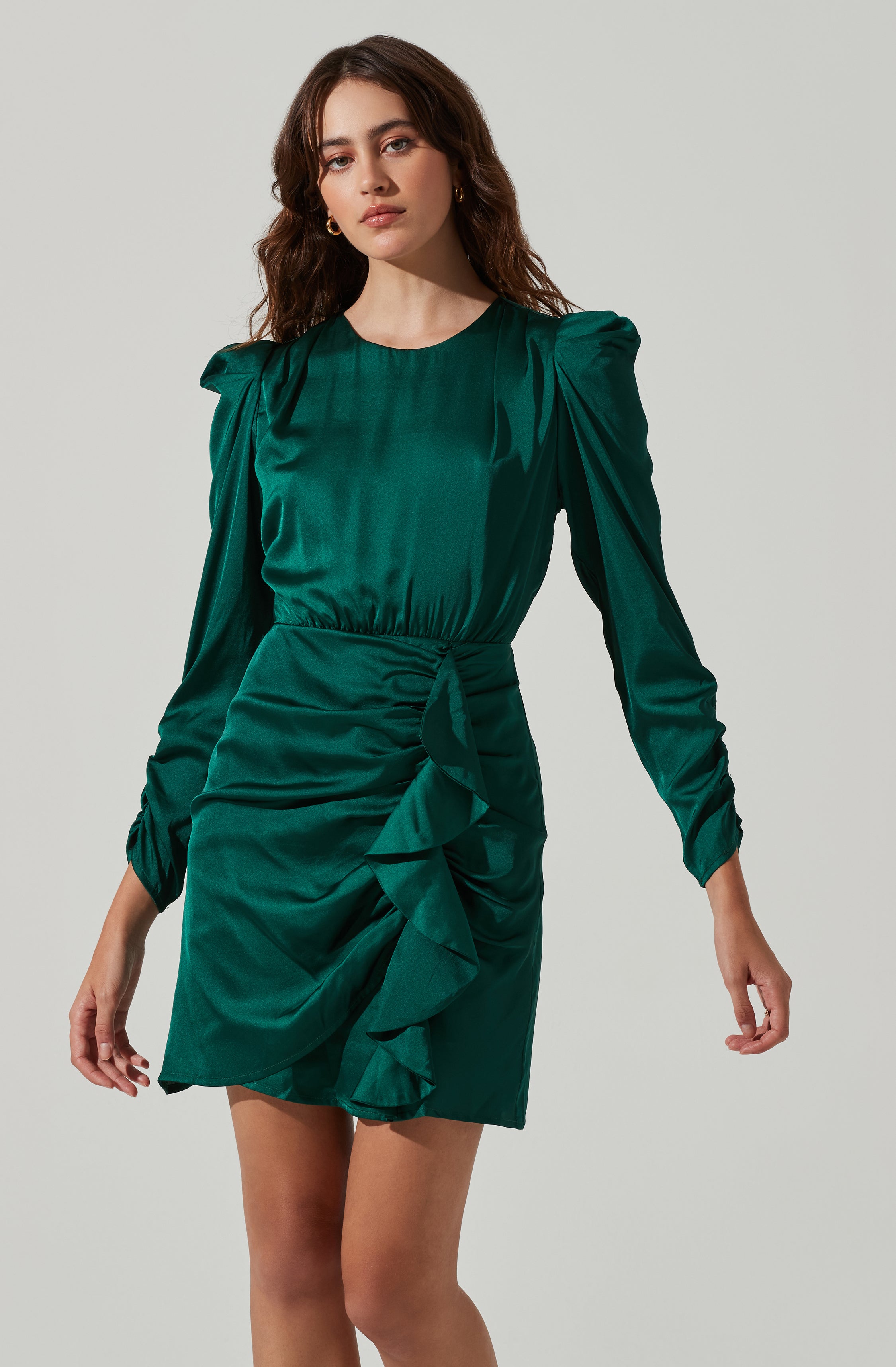 Long Sleeve Ruffle Front Mini Dress-Aljck