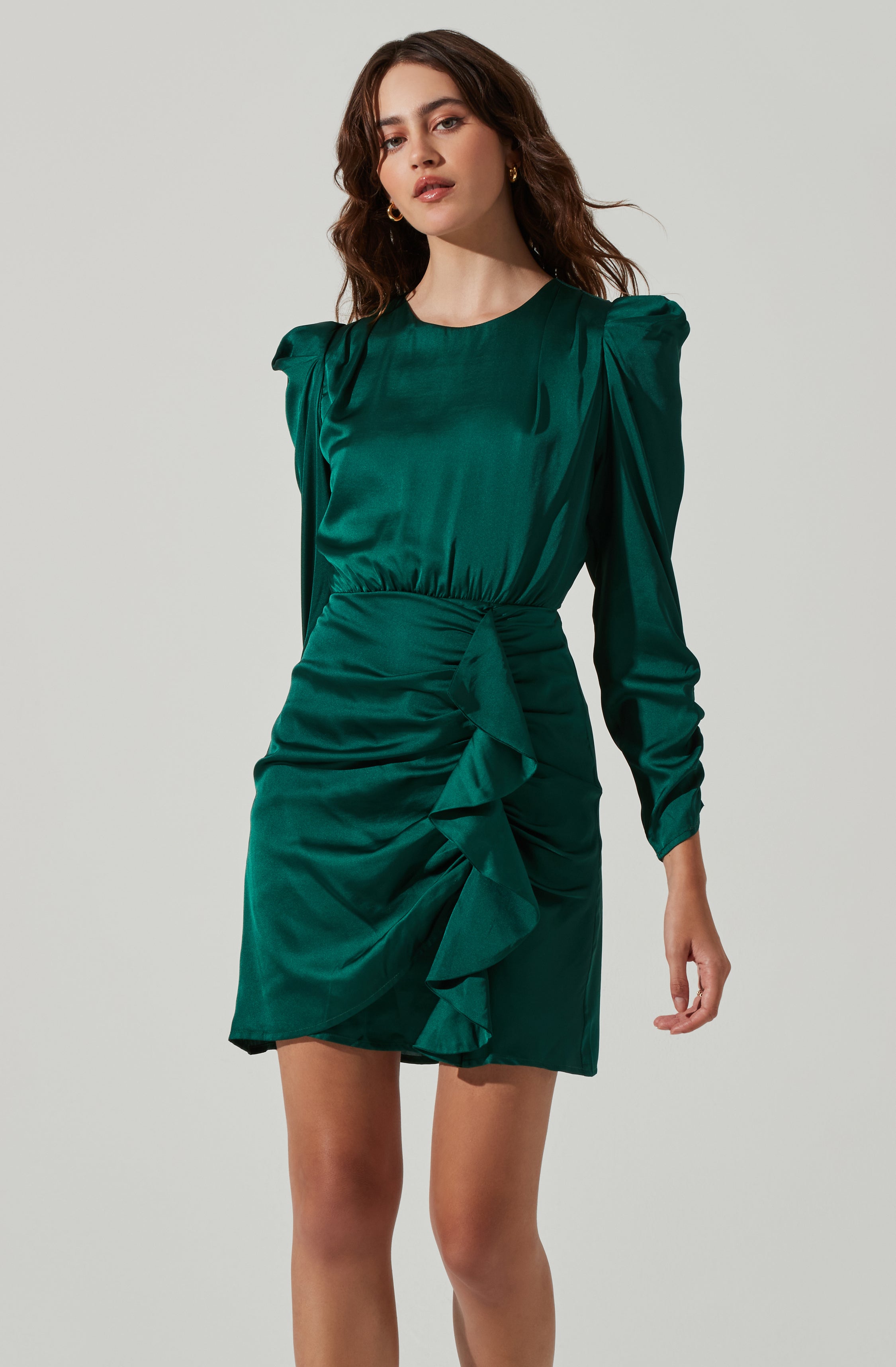 Long Sleeve Ruffle Front Mini Dress-Aljck