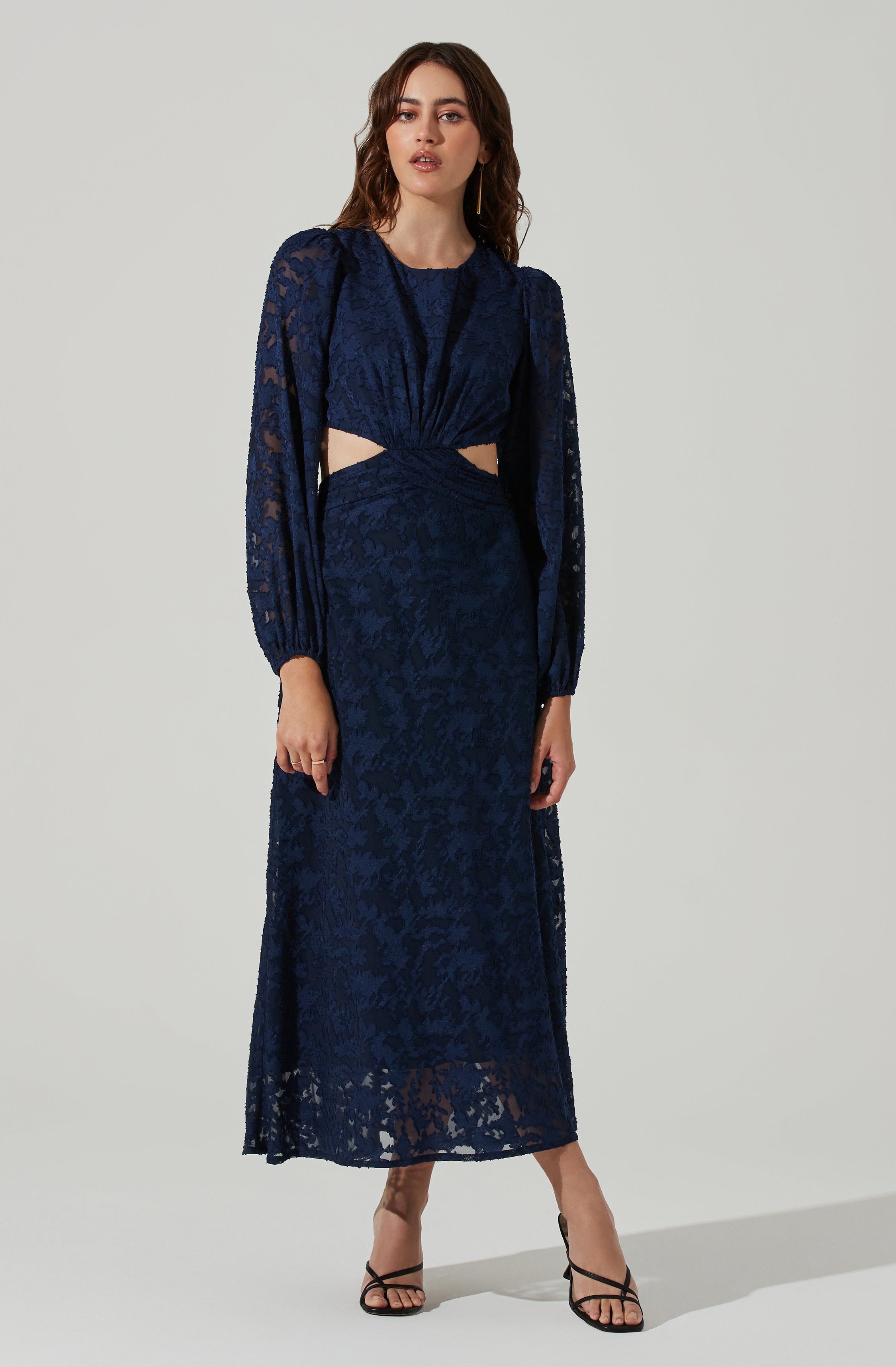 Burnout Long Sleeve Cutout Midi Dress-Aljck