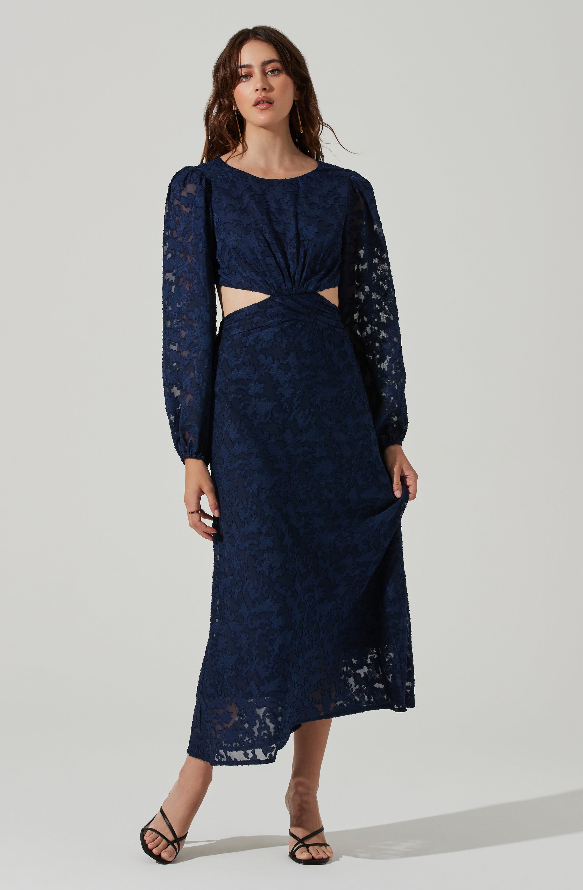 Burnout Long Sleeve Cutout Midi Dress-Aljck