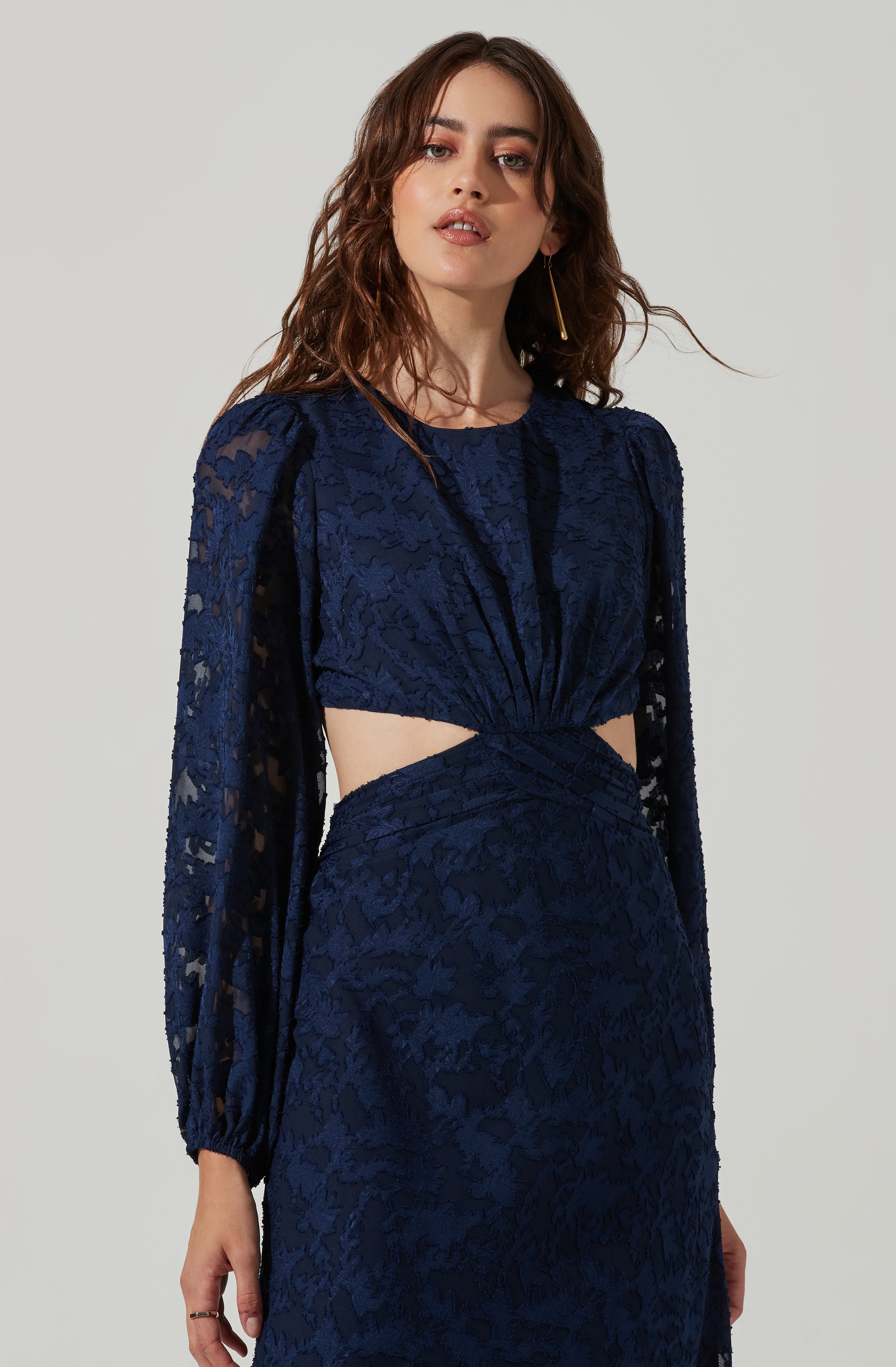 Burnout Long Sleeve Cutout Midi Dress-Aljck