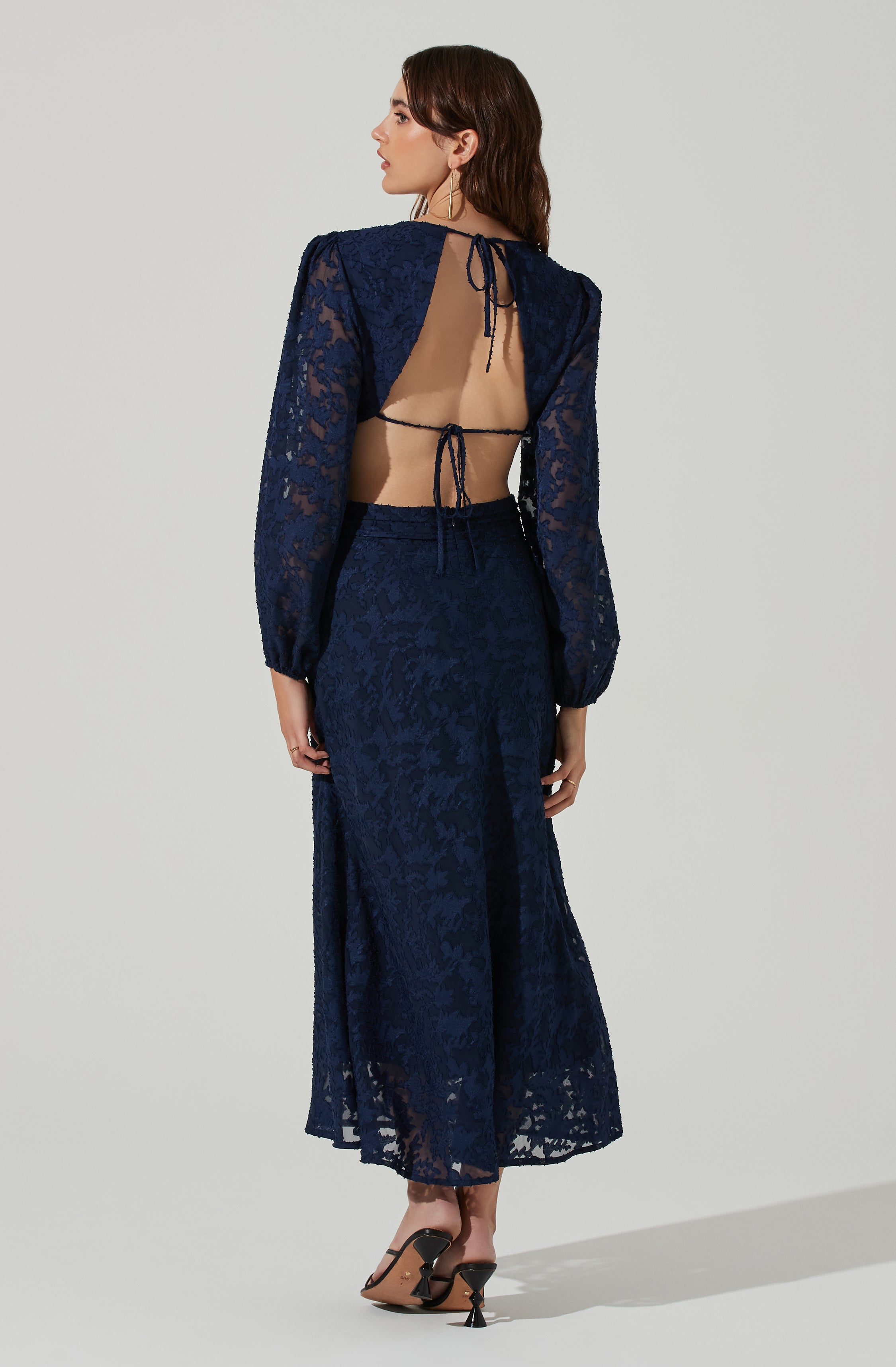 Burnout Long Sleeve Cutout Midi Dress-Aljck