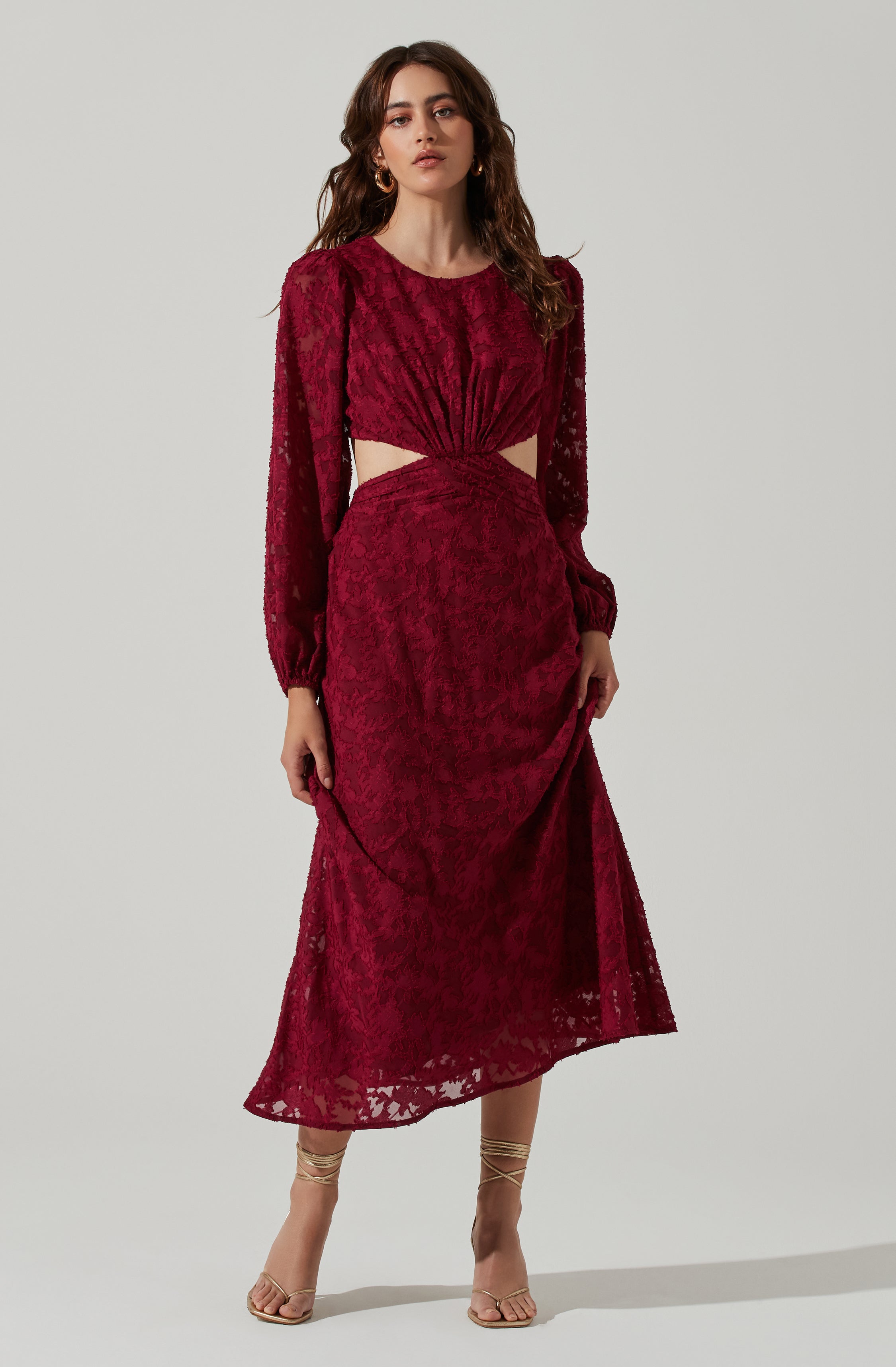 Burnout Long Sleeve Cutout Midi Dress-Aljck