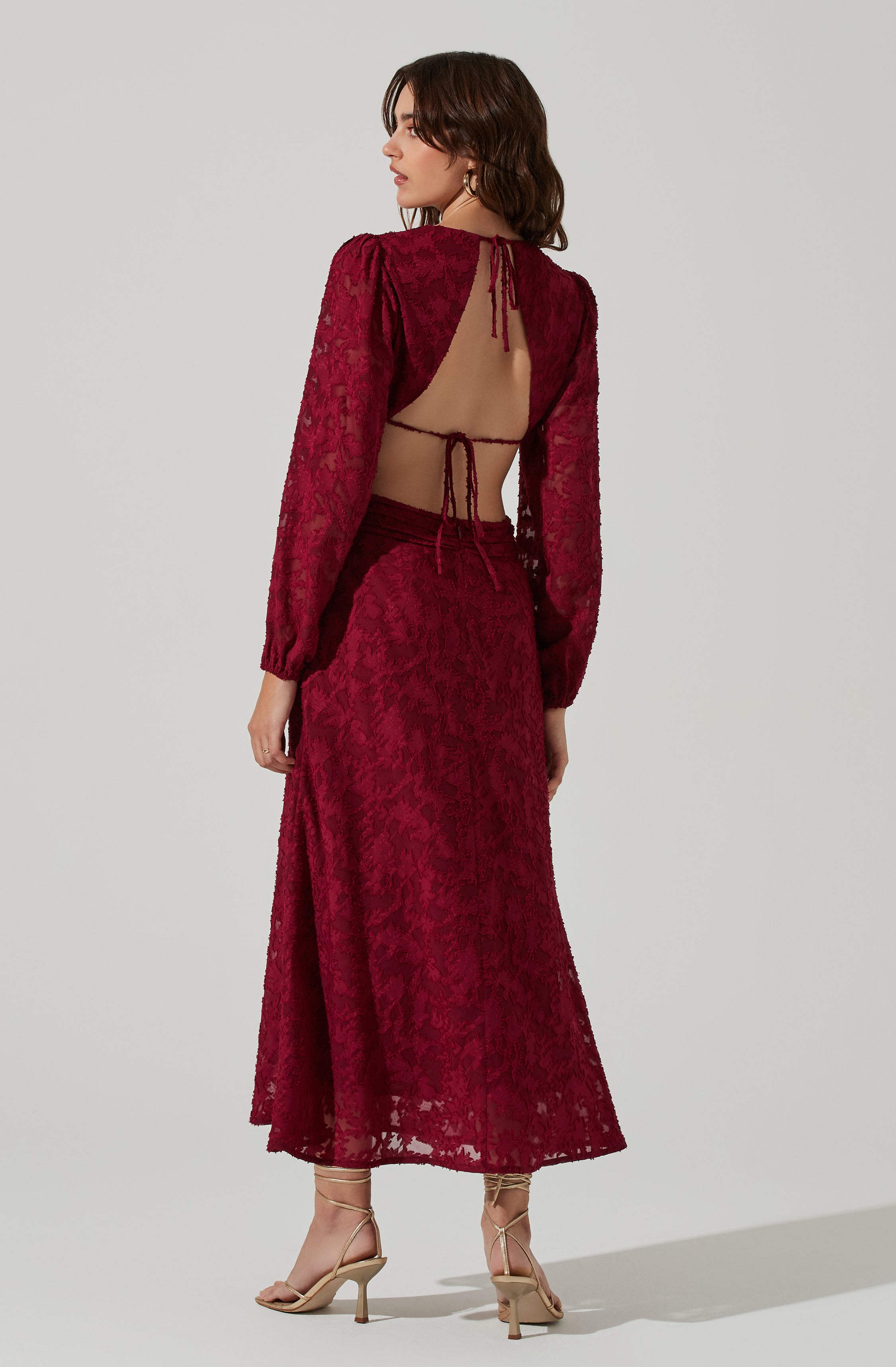 Burnout Long Sleeve Cutout Midi Dress-Aljck