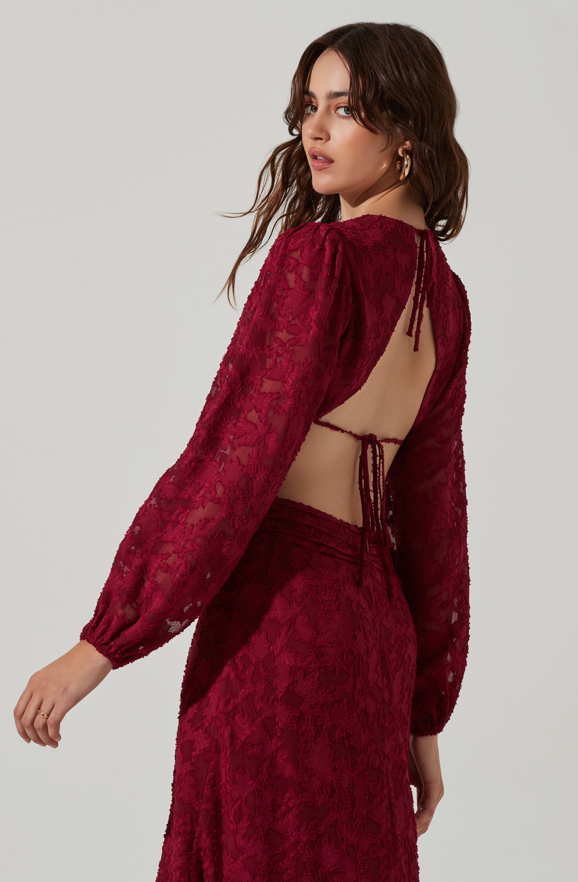 Burnout Long Sleeve Cutout Midi Dress-Aljck