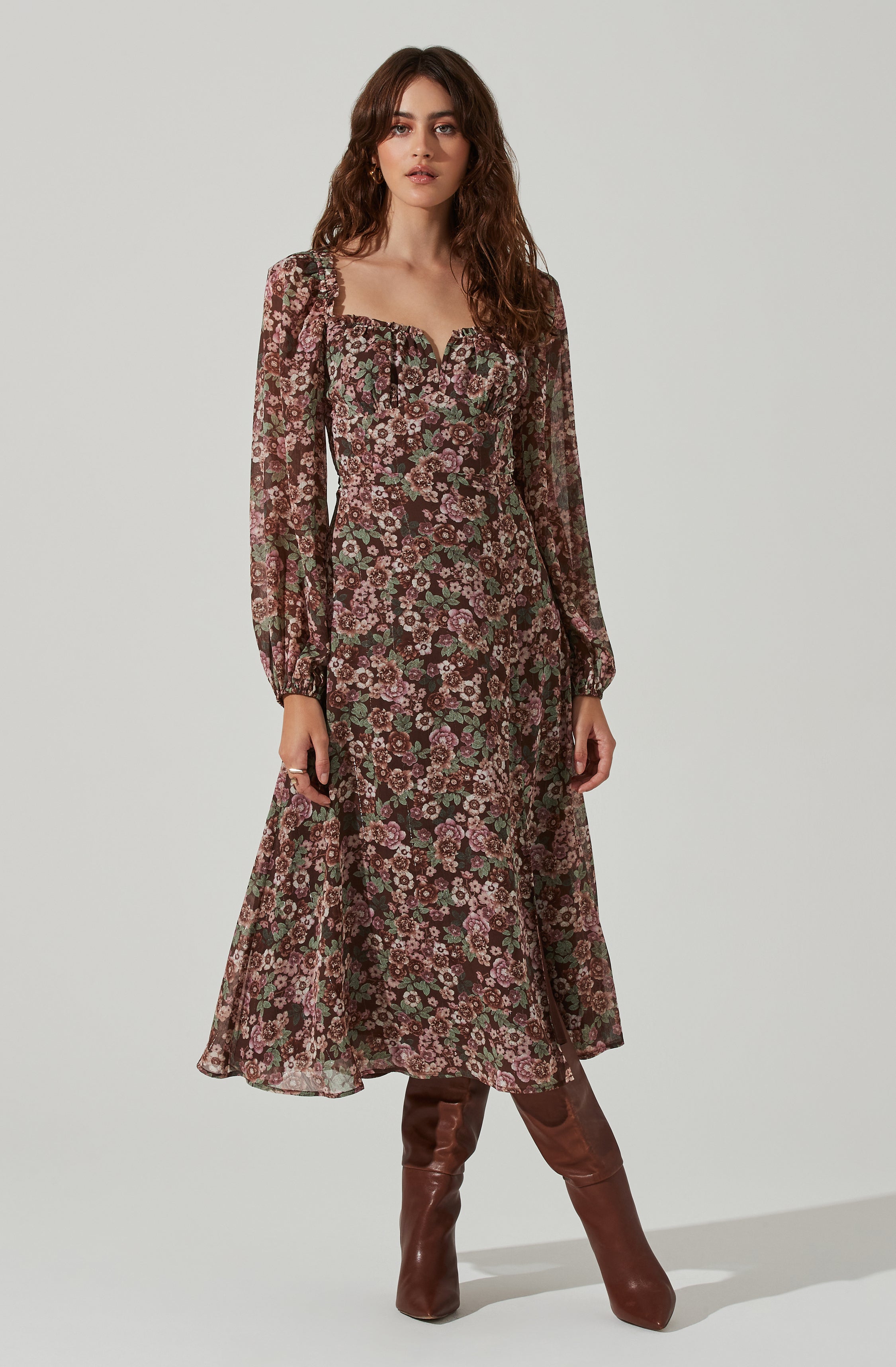 Floral V Front Long Sleeve Midi Dress-Aljck
