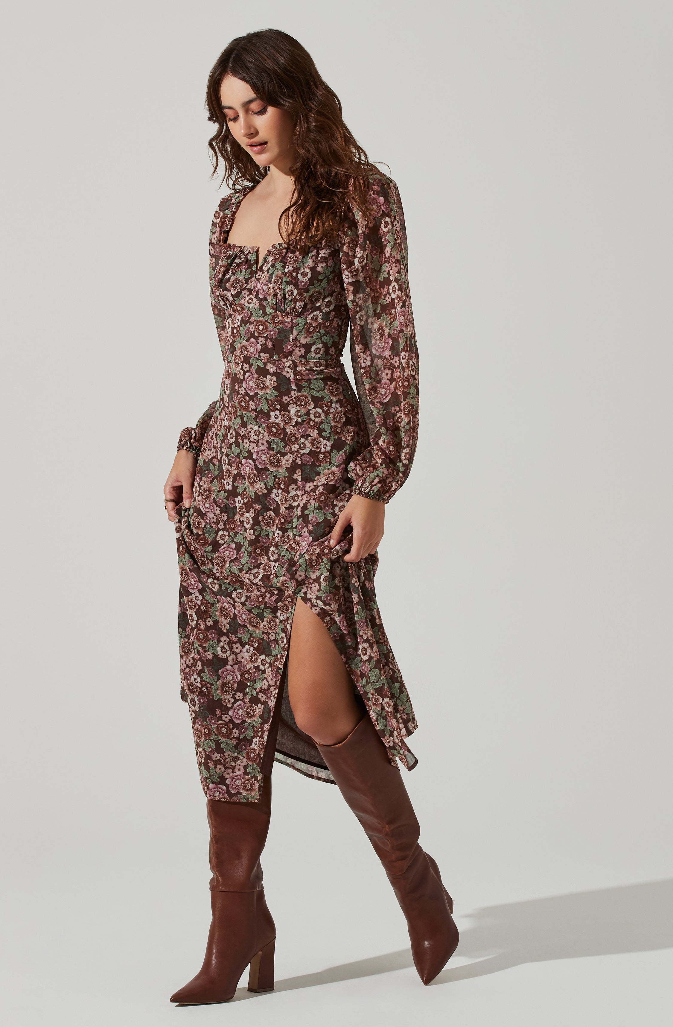 Floral V Front Long Sleeve Midi Dress-Aljck