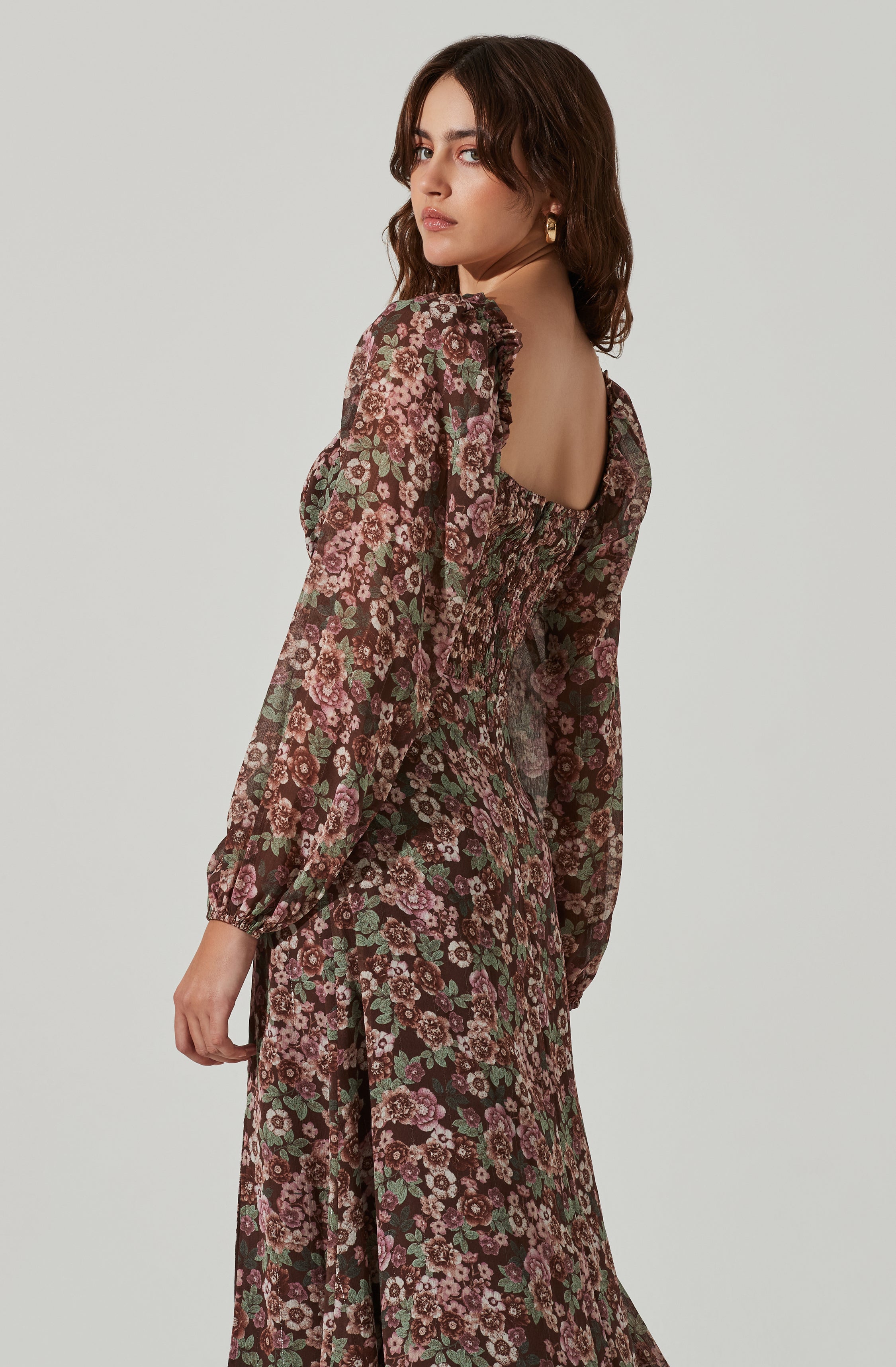 Floral V Front Long Sleeve Midi Dress-Aljck