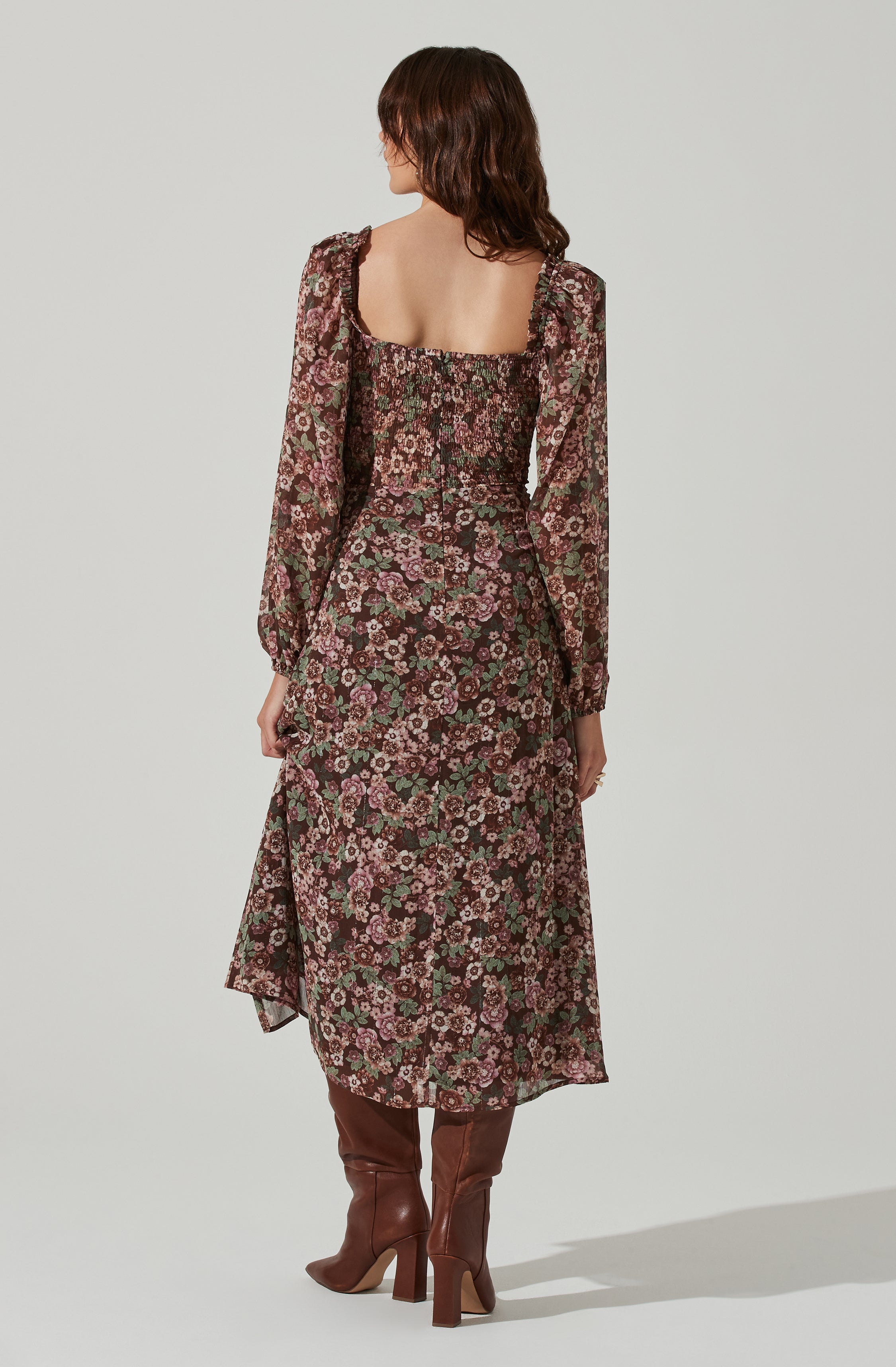 Floral V Front Long Sleeve Midi Dress-Aljck
