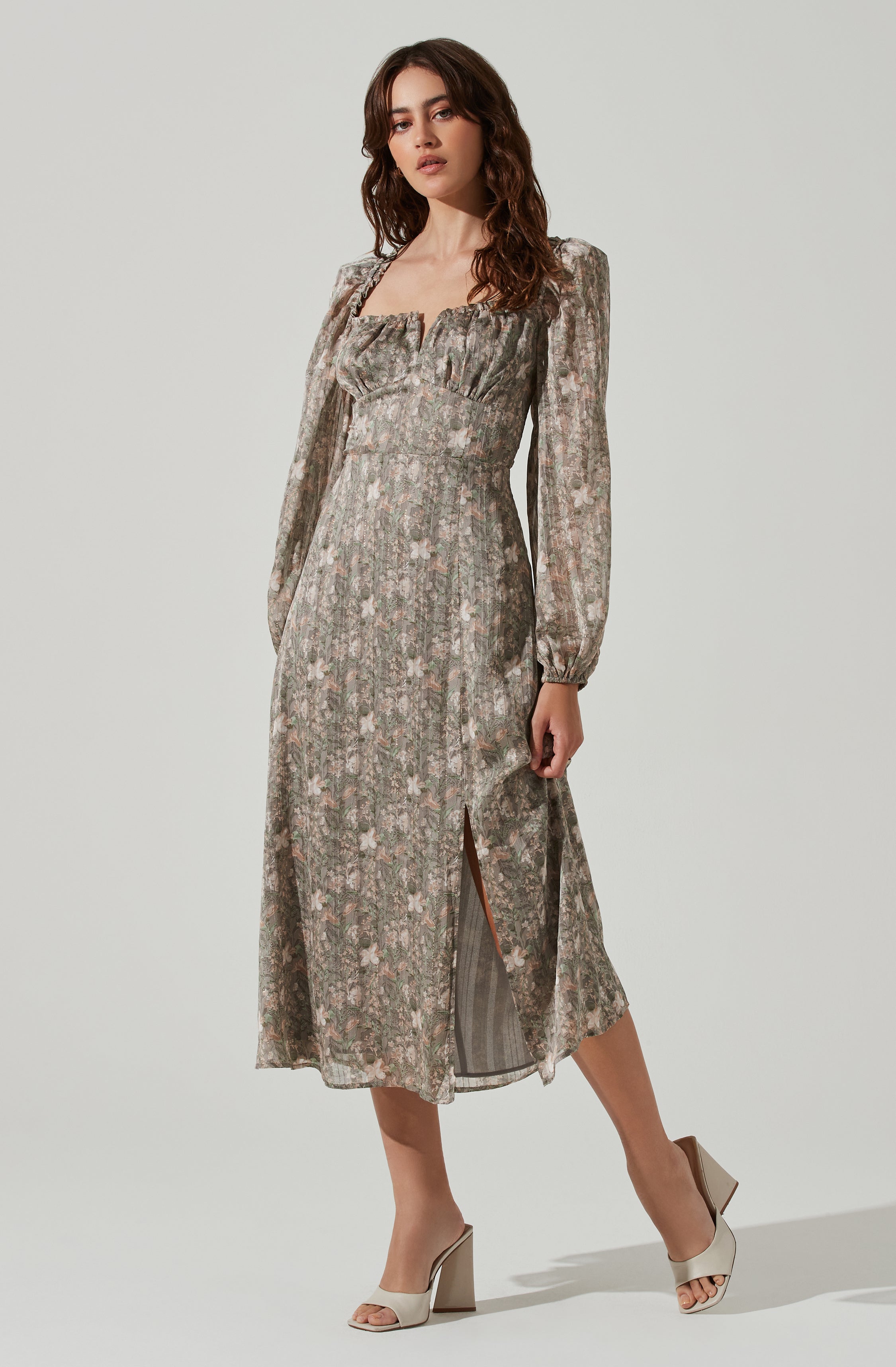 Floral V Front Long Sleeve Midi Dress-Aljck