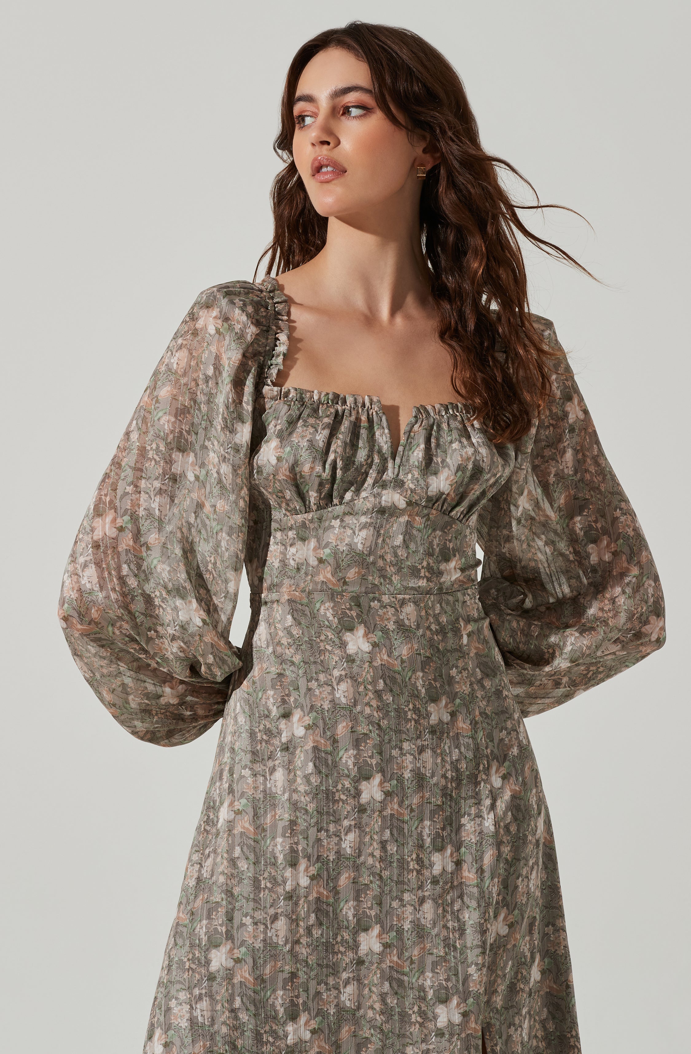 Floral V Front Long Sleeve Midi Dress-Aljck