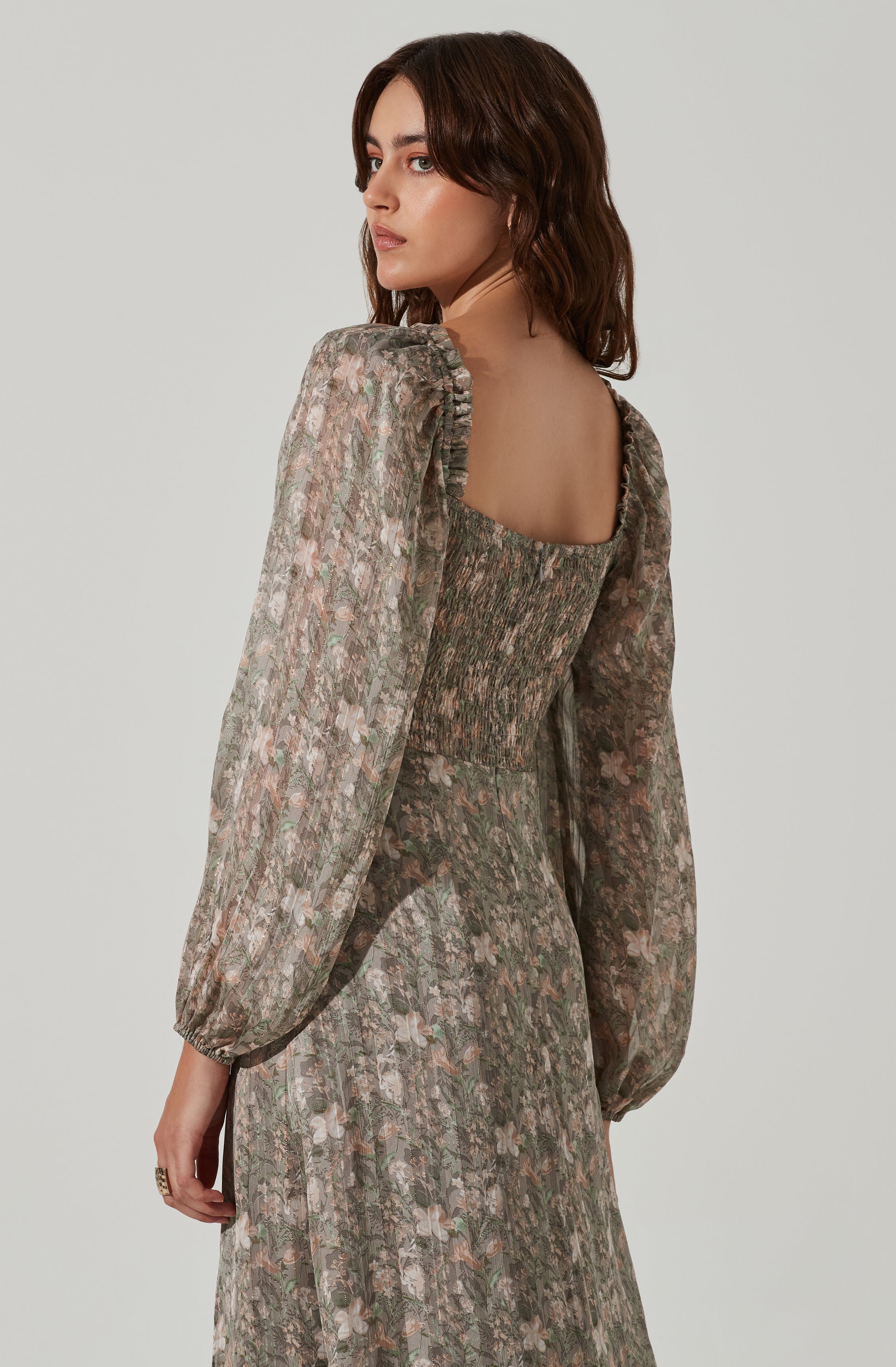 Floral V Front Long Sleeve Midi Dress-Aljck