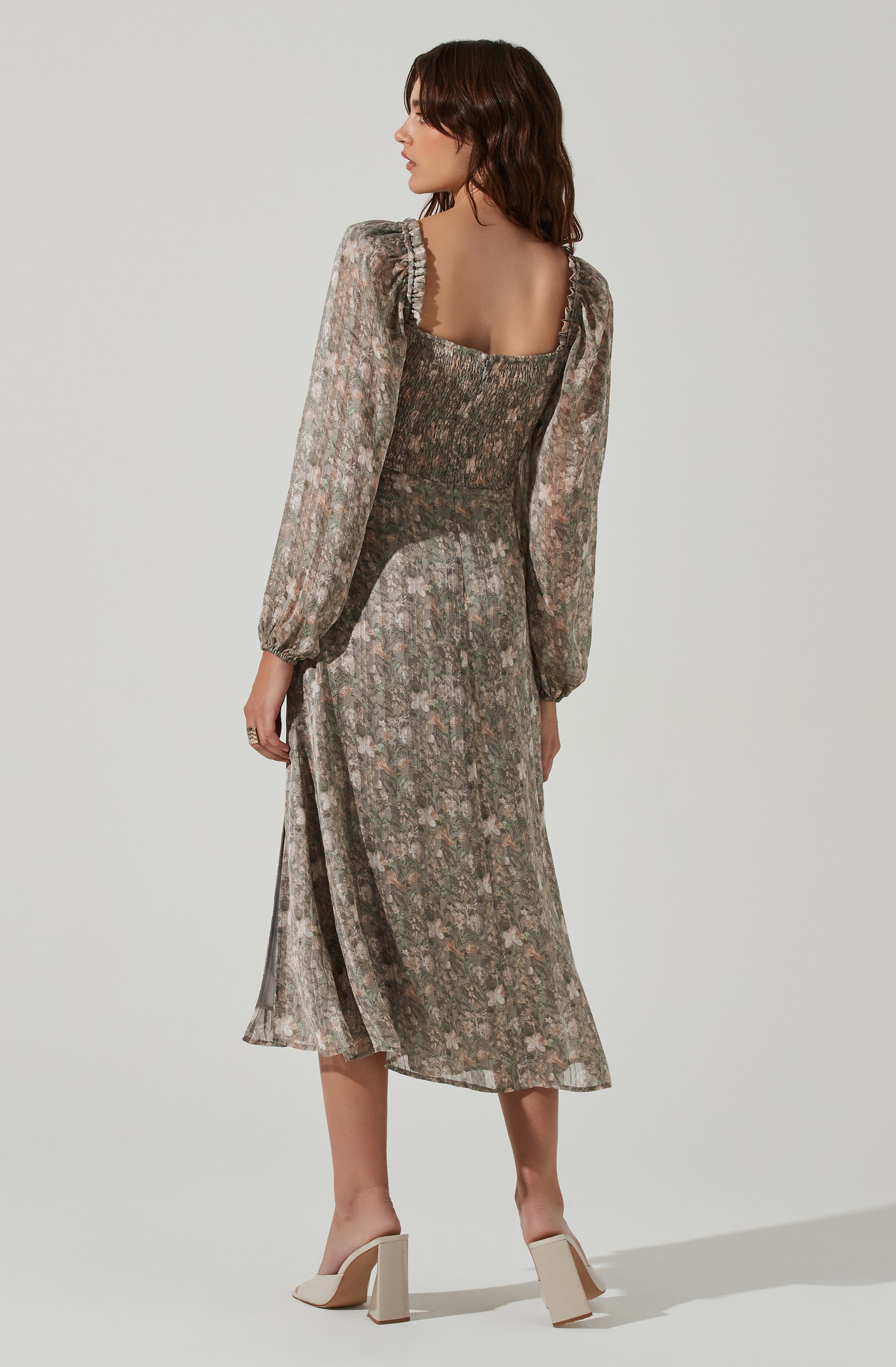 Floral V Front Long Sleeve Midi Dress-Aljck