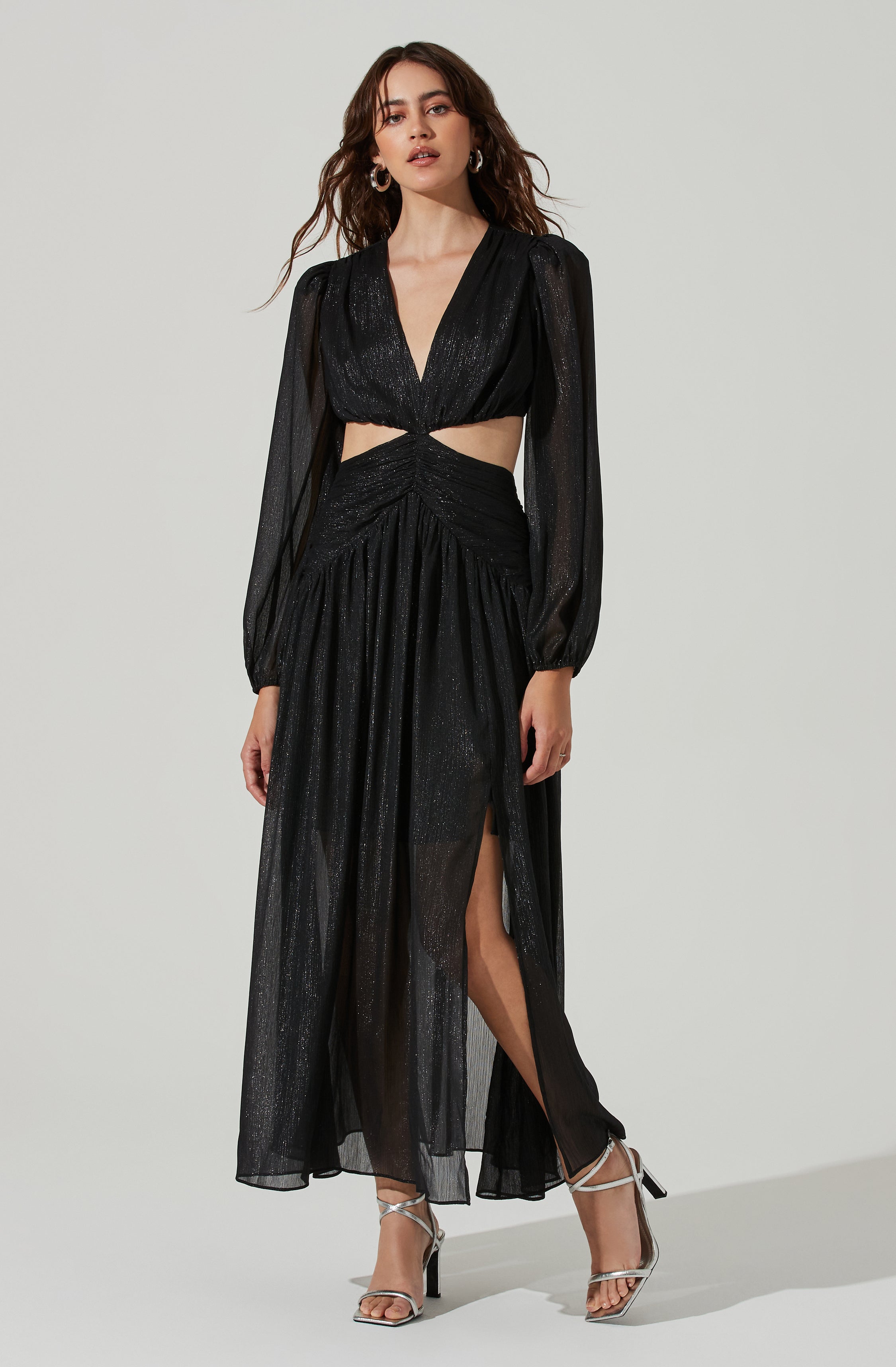 Metallic Twist Cutout Waist Maxi Dress-Aljck