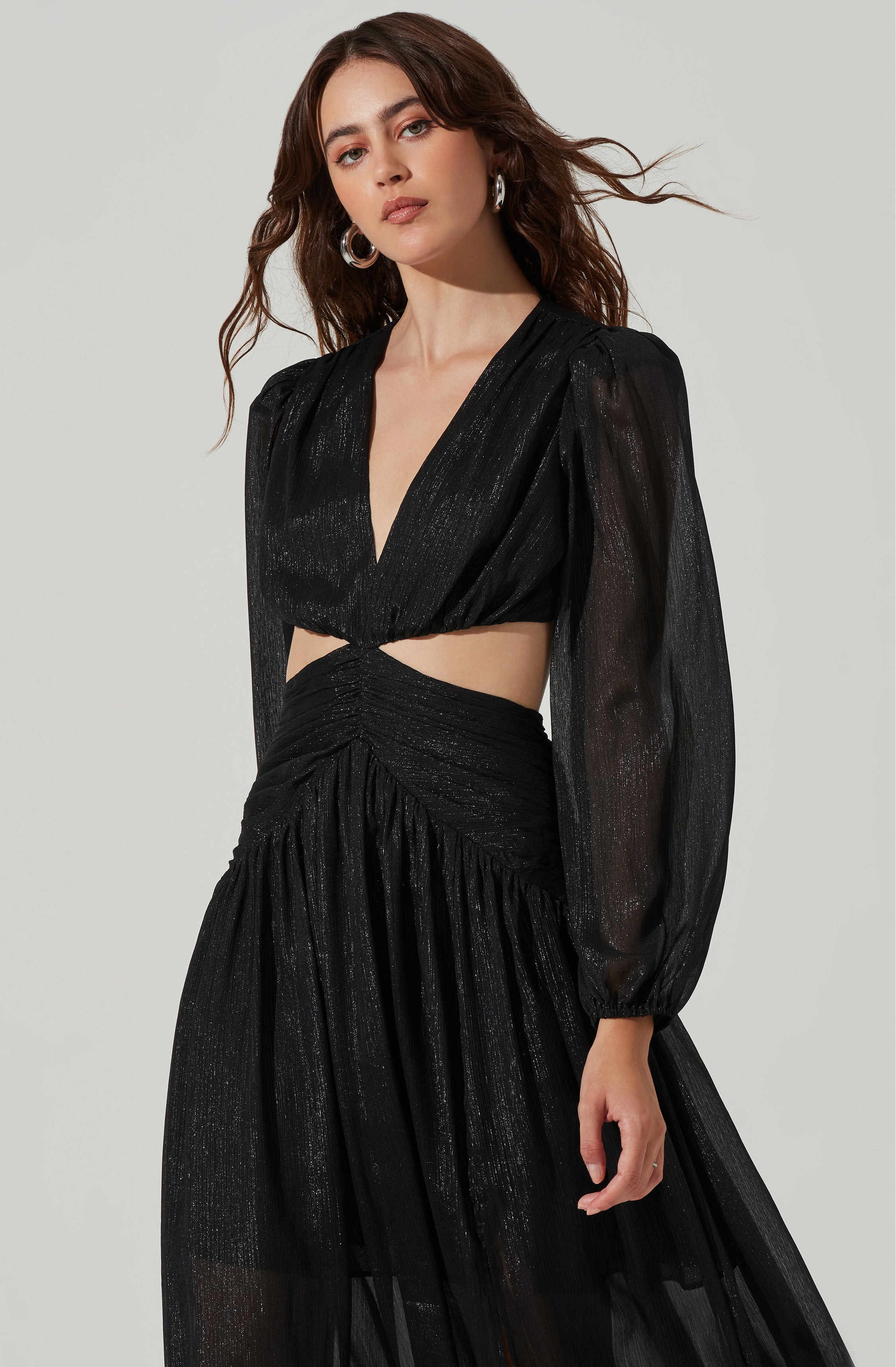 Metallic Twist Cutout Waist Maxi Dress-Aljck