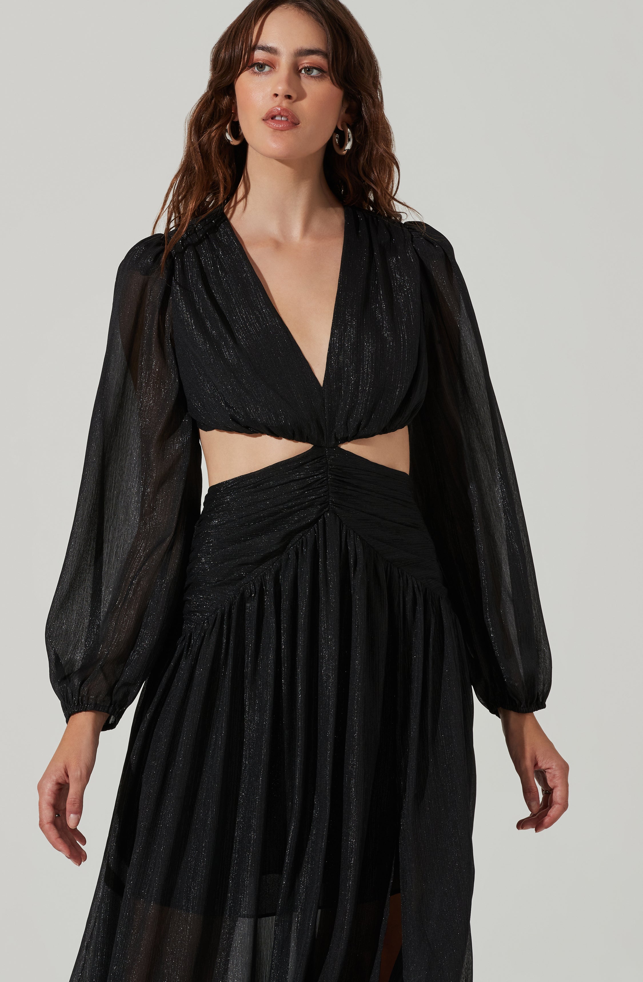 Metallic Twist Cutout Waist Maxi Dress-Aljck