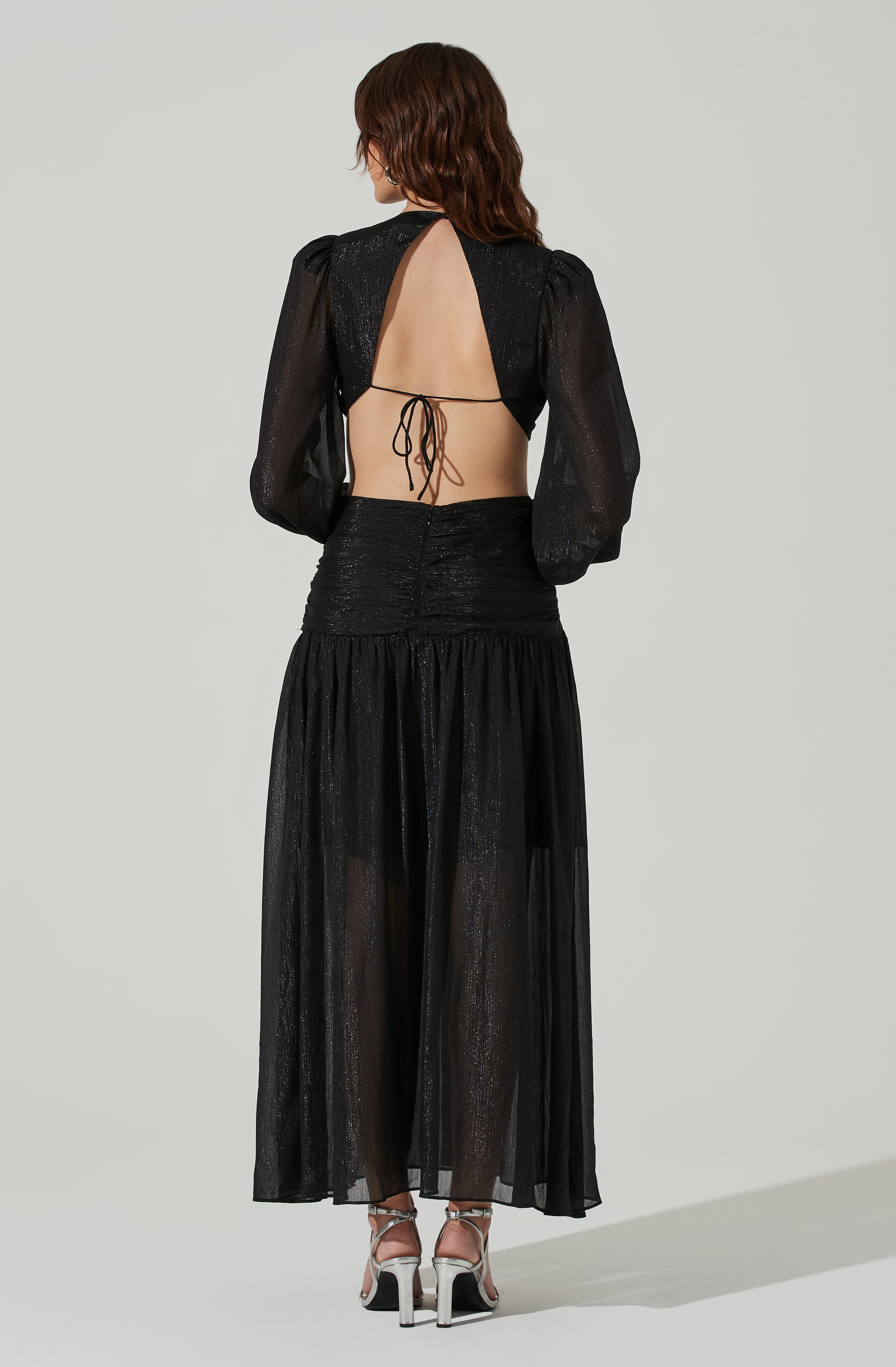 Metallic Twist Cutout Waist Maxi Dress-Aljck