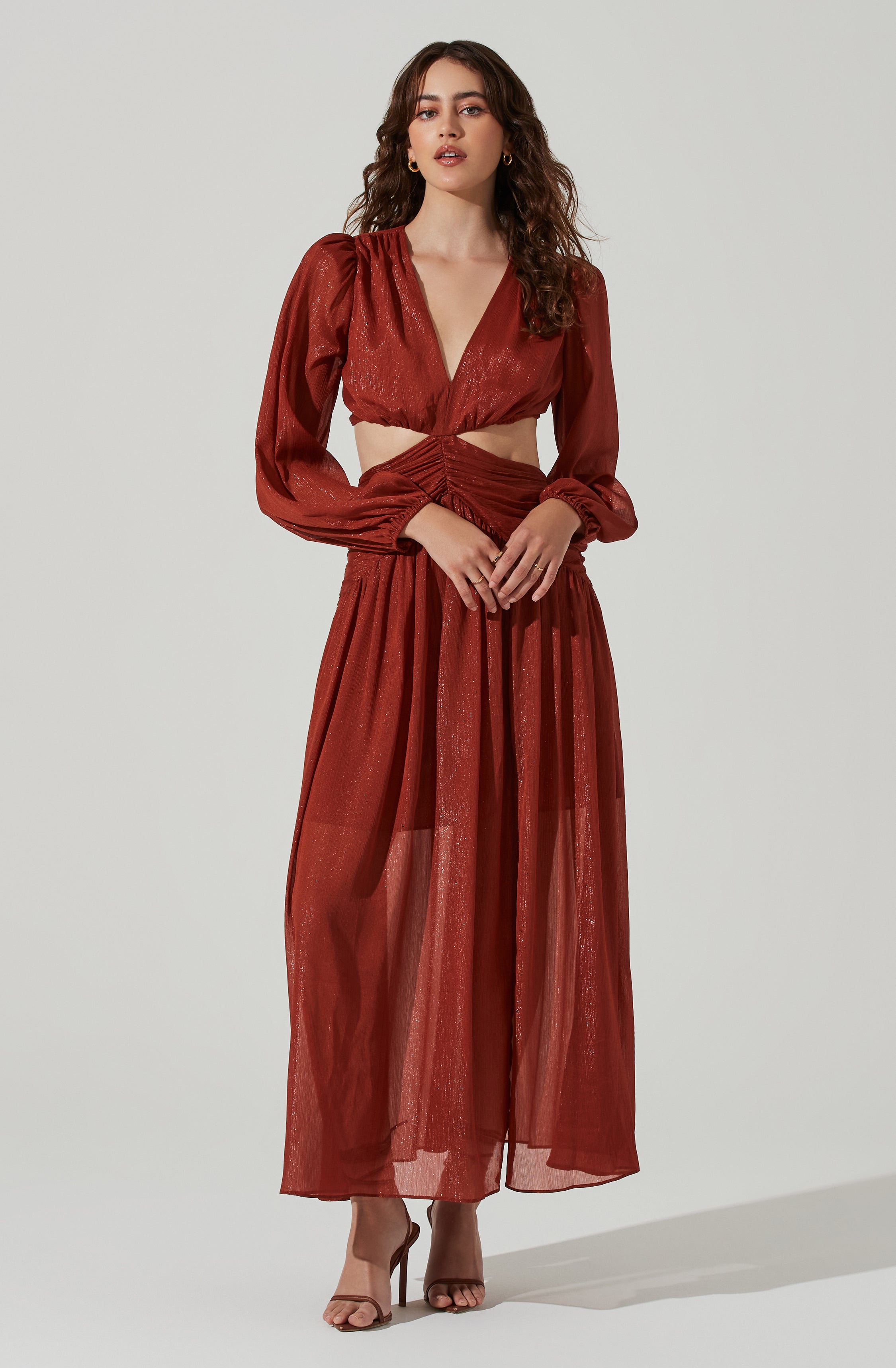 Metallic Twist Cutout Waist Maxi Dress-Aljck