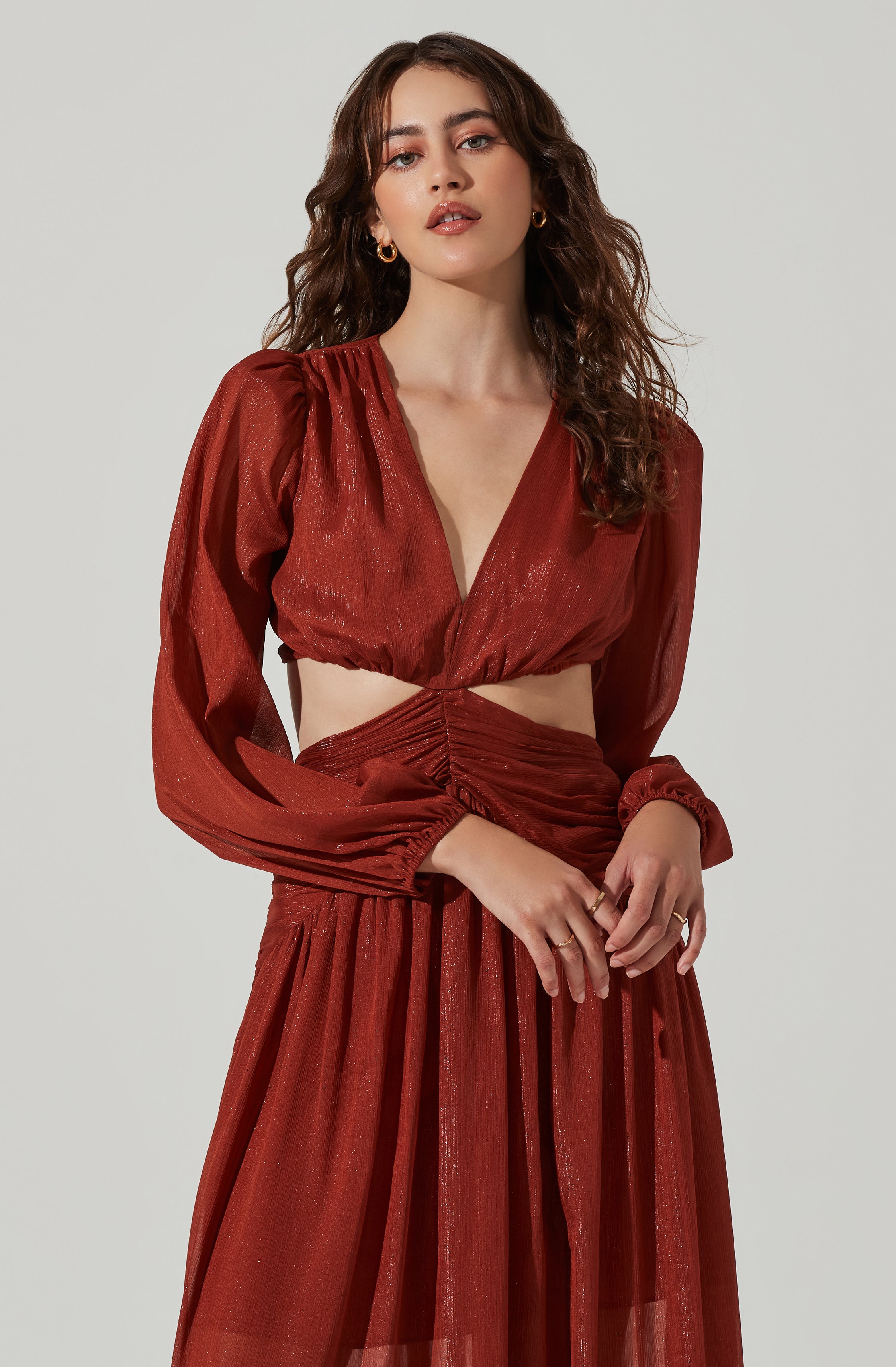 Metallic Twist Cutout Waist Maxi Dress-Aljck