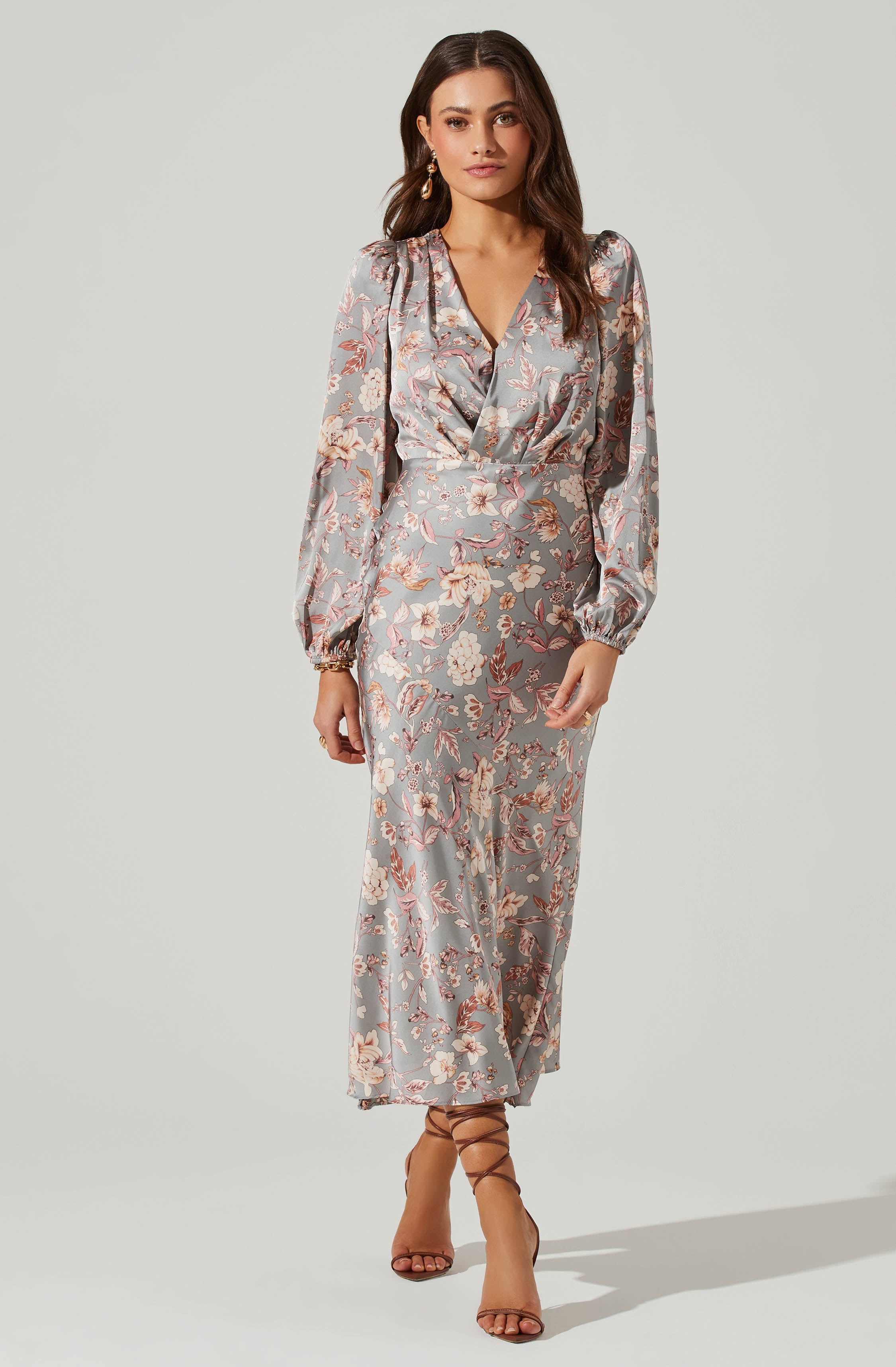 Floral Deep V Long Sleeve Maxi Dress-Aljck