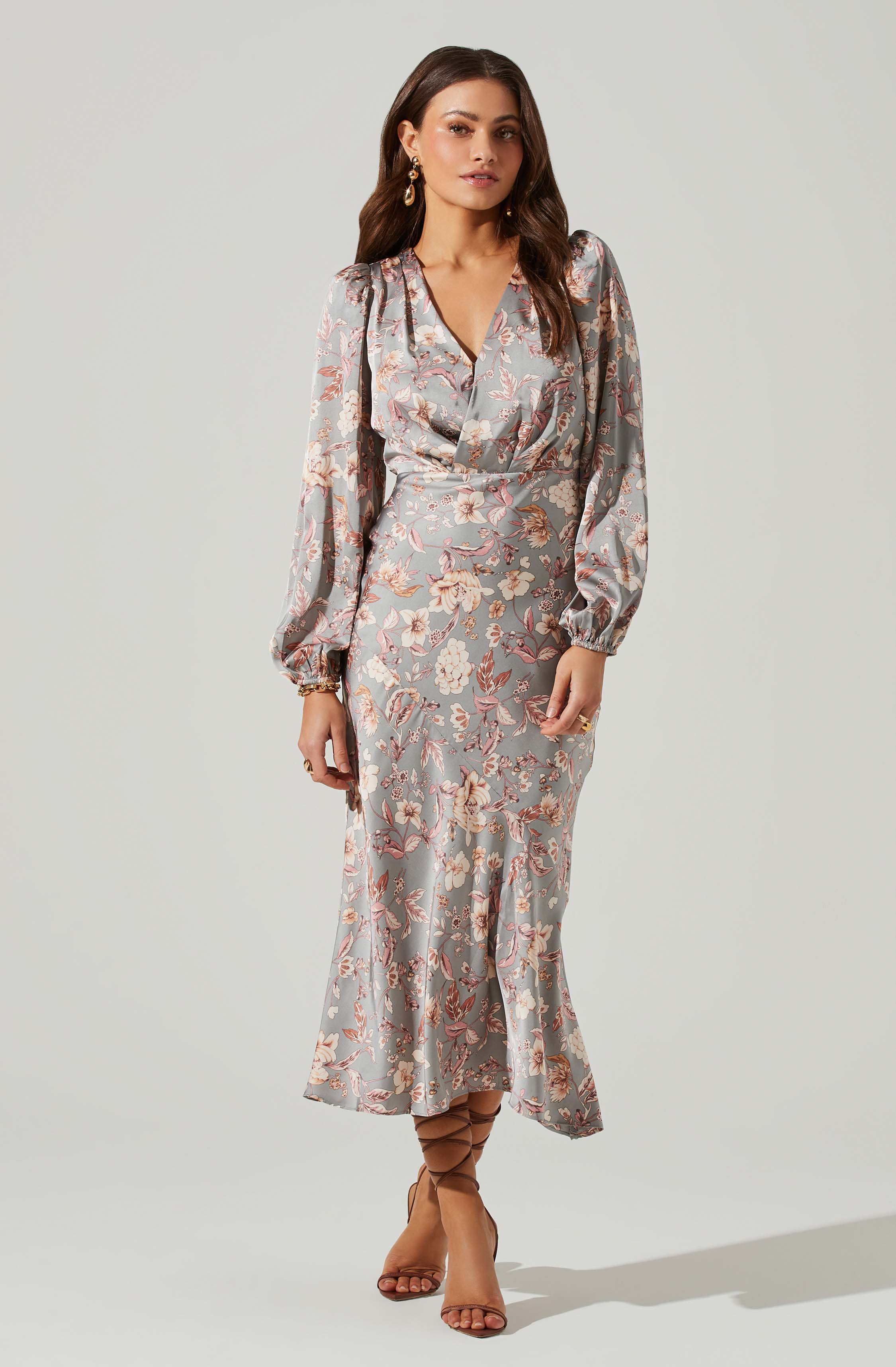 Floral Deep V Long Sleeve Maxi Dress-Aljck