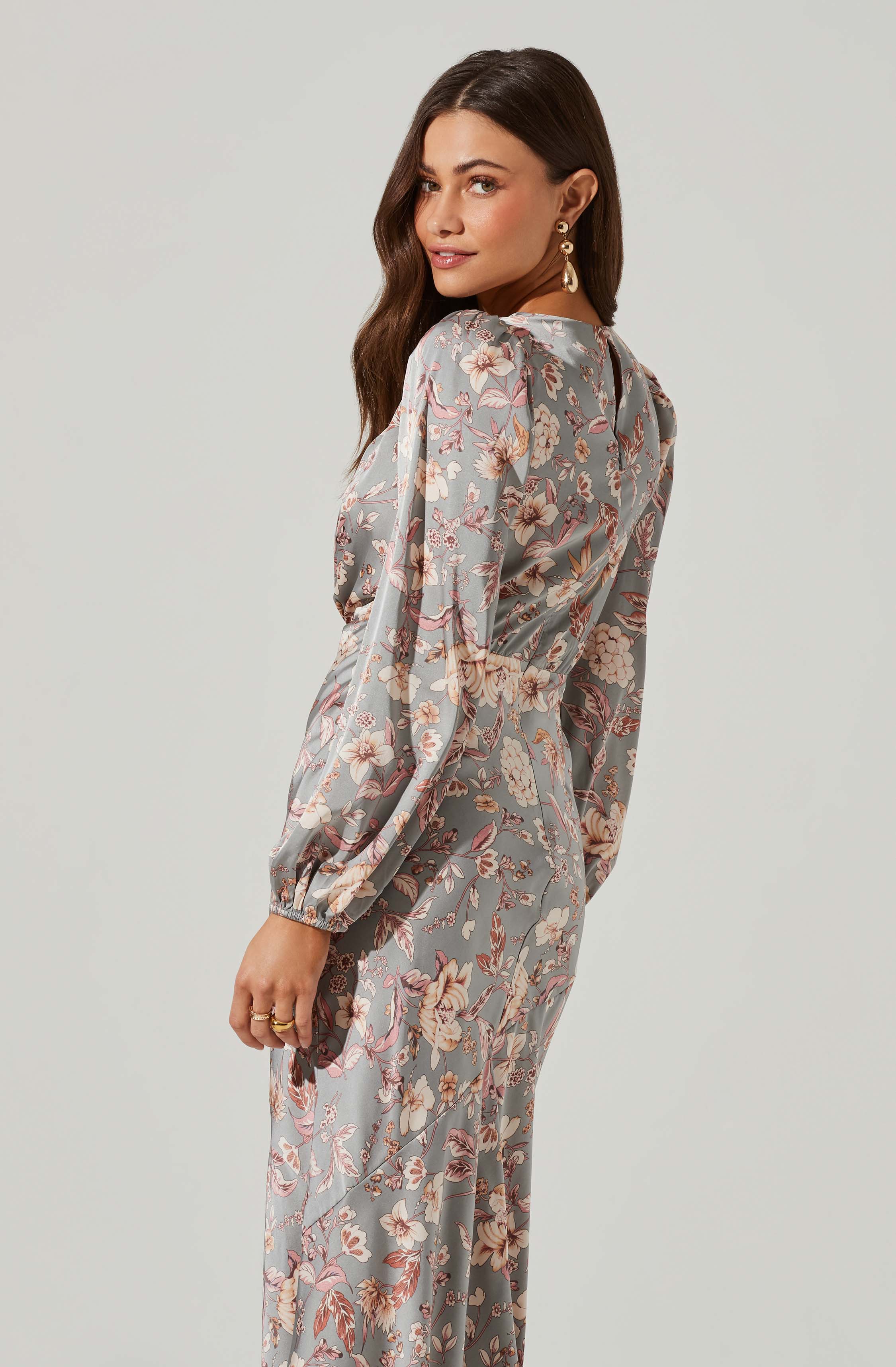 Floral Deep V Long Sleeve Maxi Dress-Aljck
