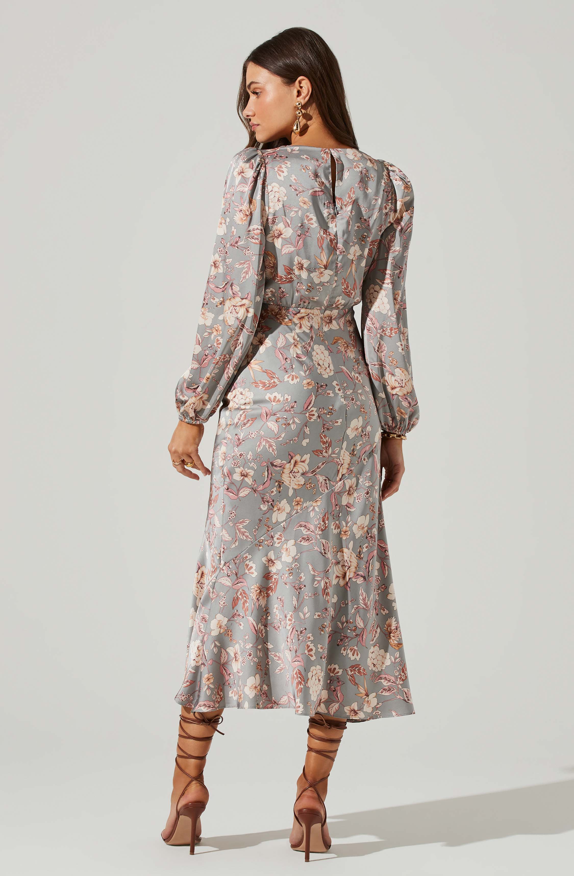 Floral Deep V Long Sleeve Maxi Dress-Aljck