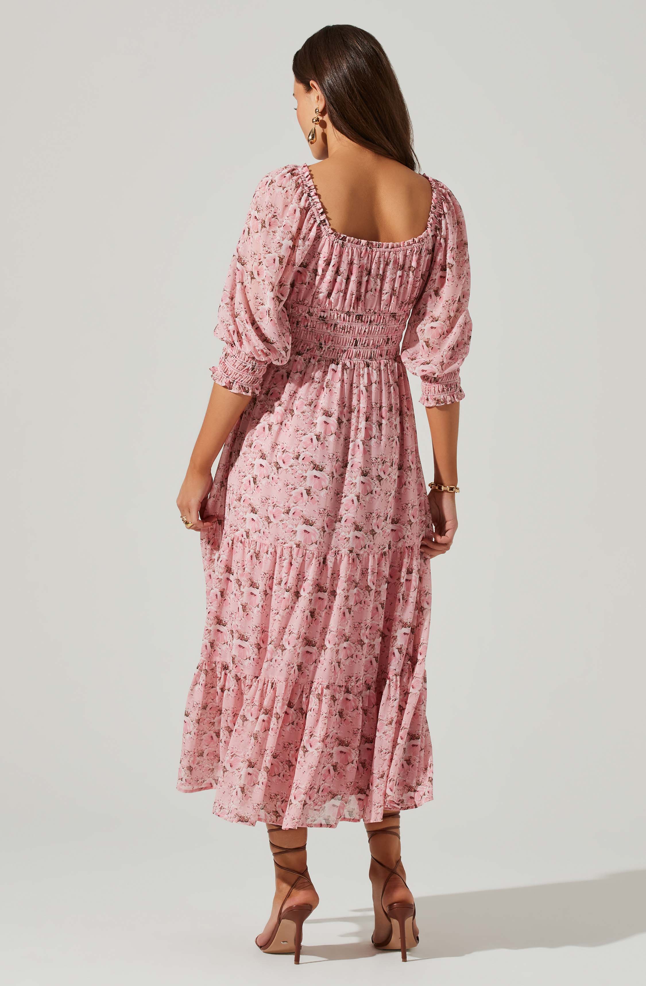 Floral Smocked Waist Tiered Midi Dress-Aljck