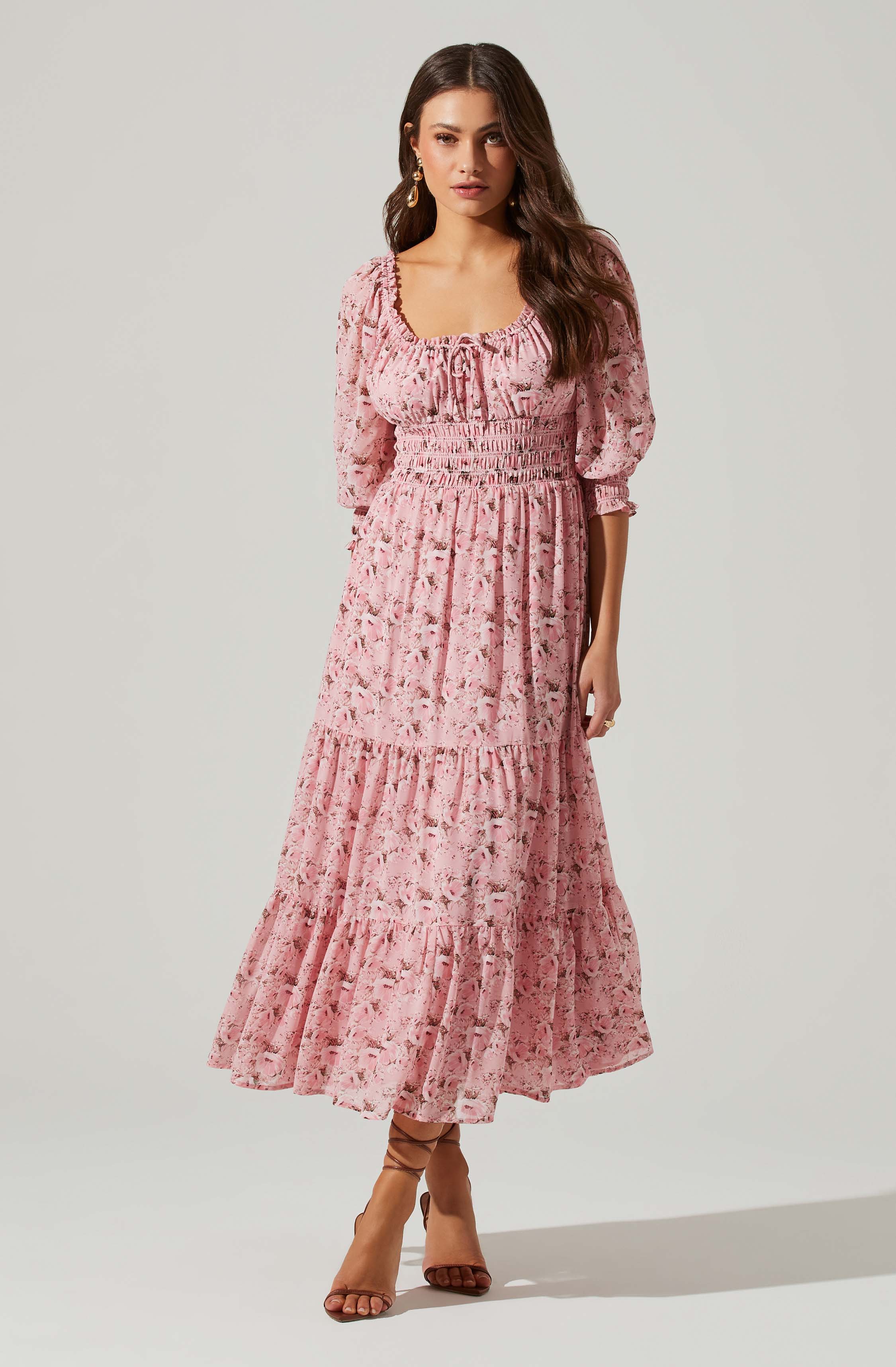Floral Smocked Waist Tiered Midi Dress-Aljck