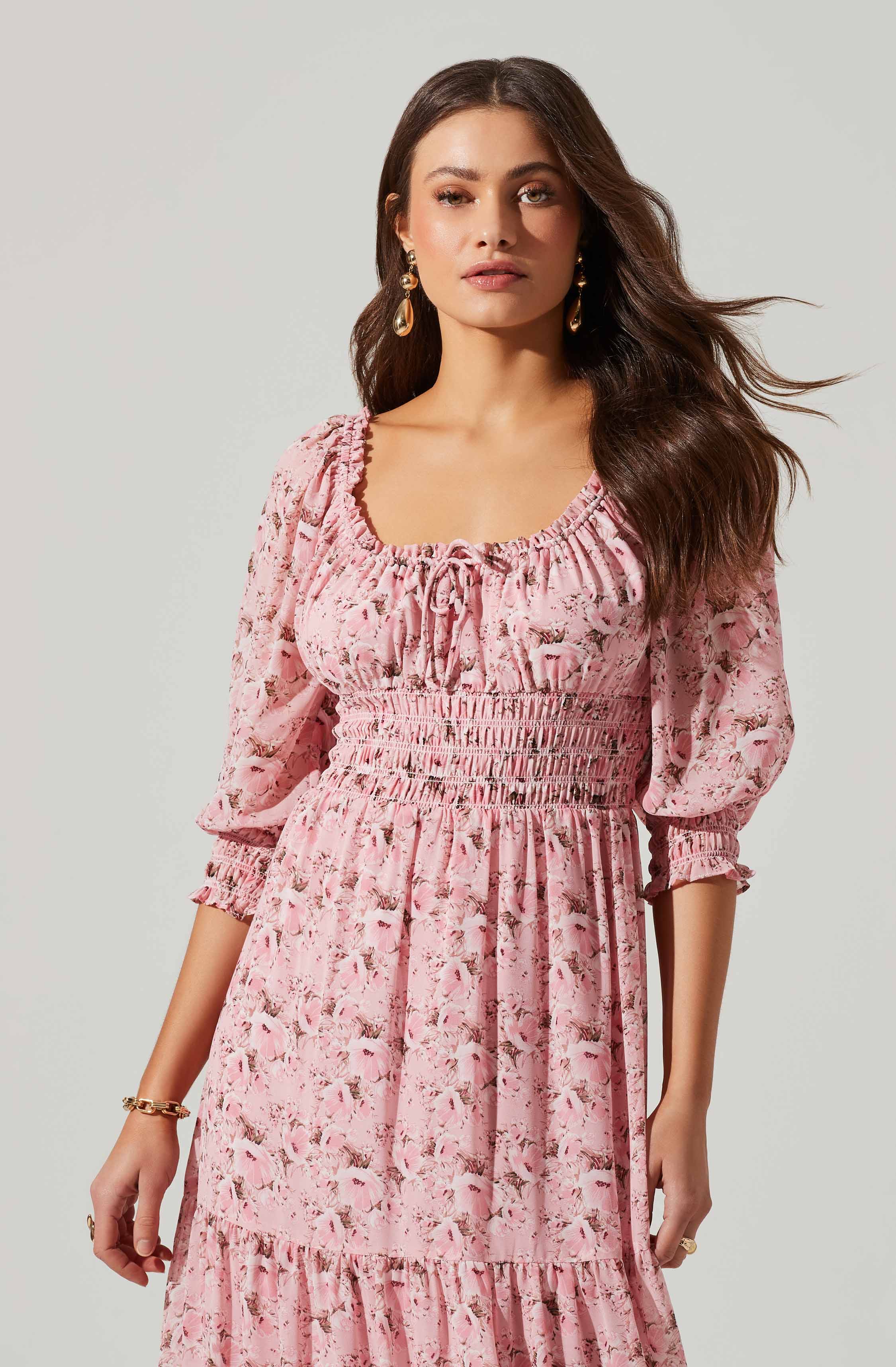 Floral Smocked Waist Tiered Midi Dress-Aljck