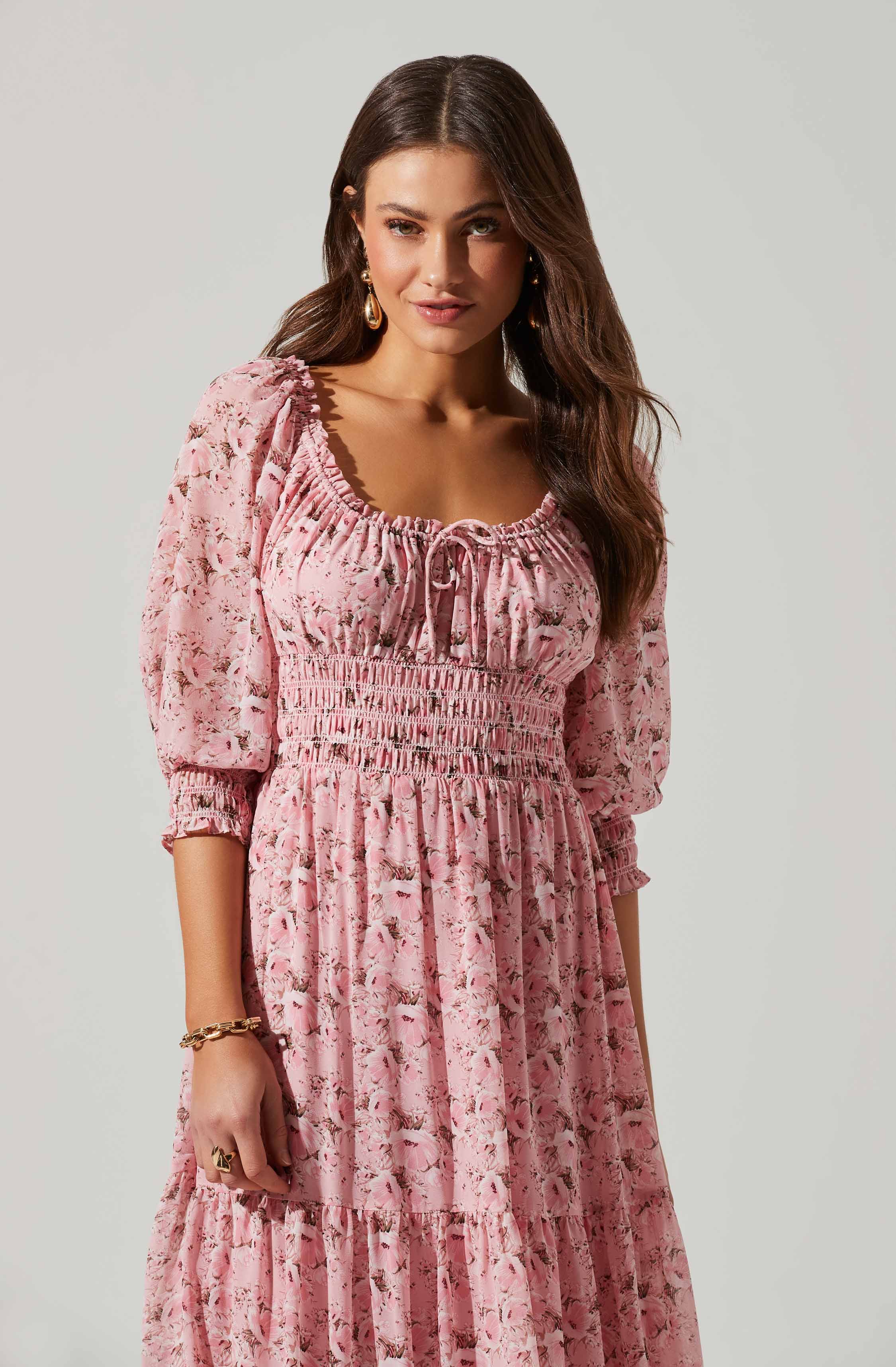 Floral Smocked Waist Tiered Midi Dress-Aljck