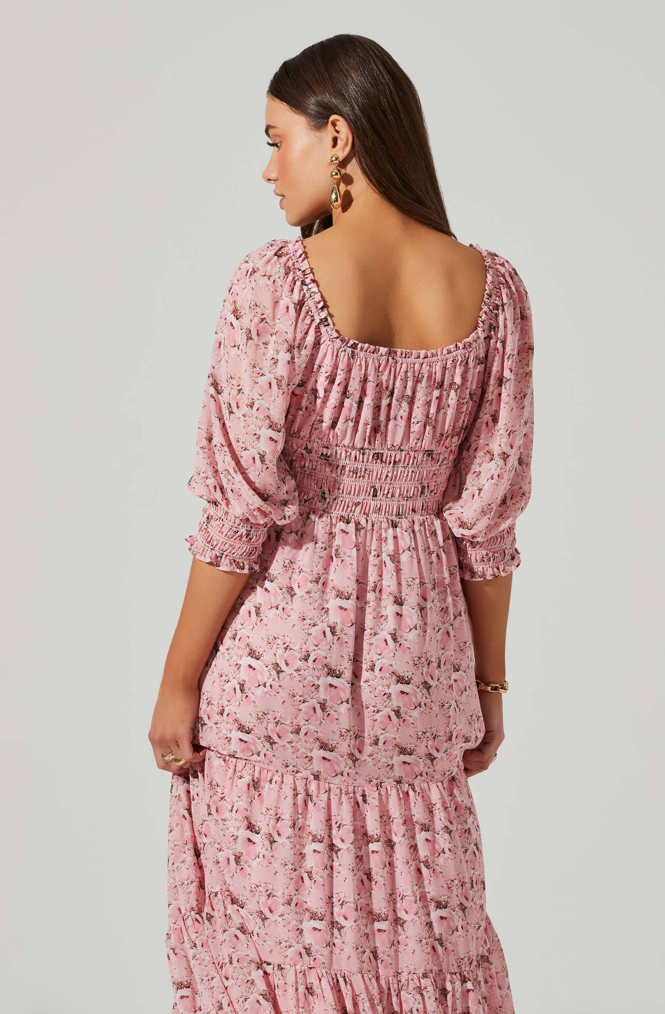 Floral Smocked Waist Tiered Midi Dress-Aljck