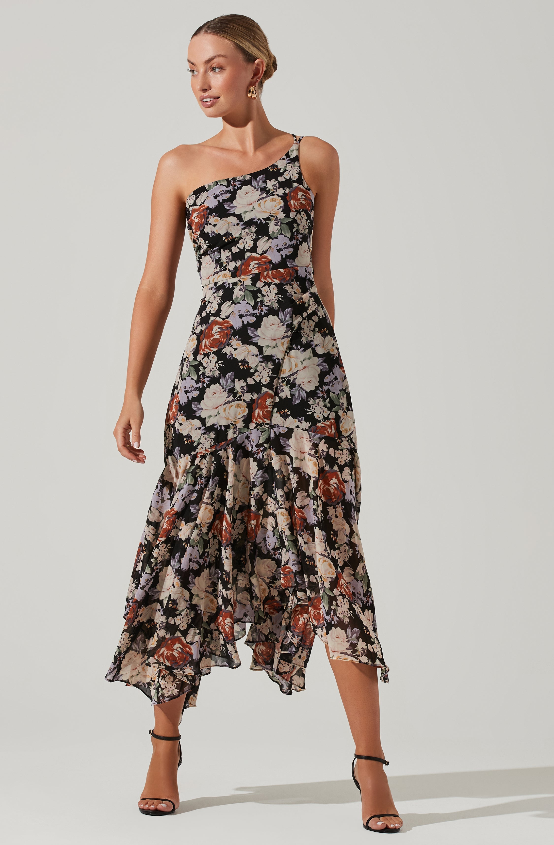 Emmylou Floral One Shoulder Midi Dress-Aljck