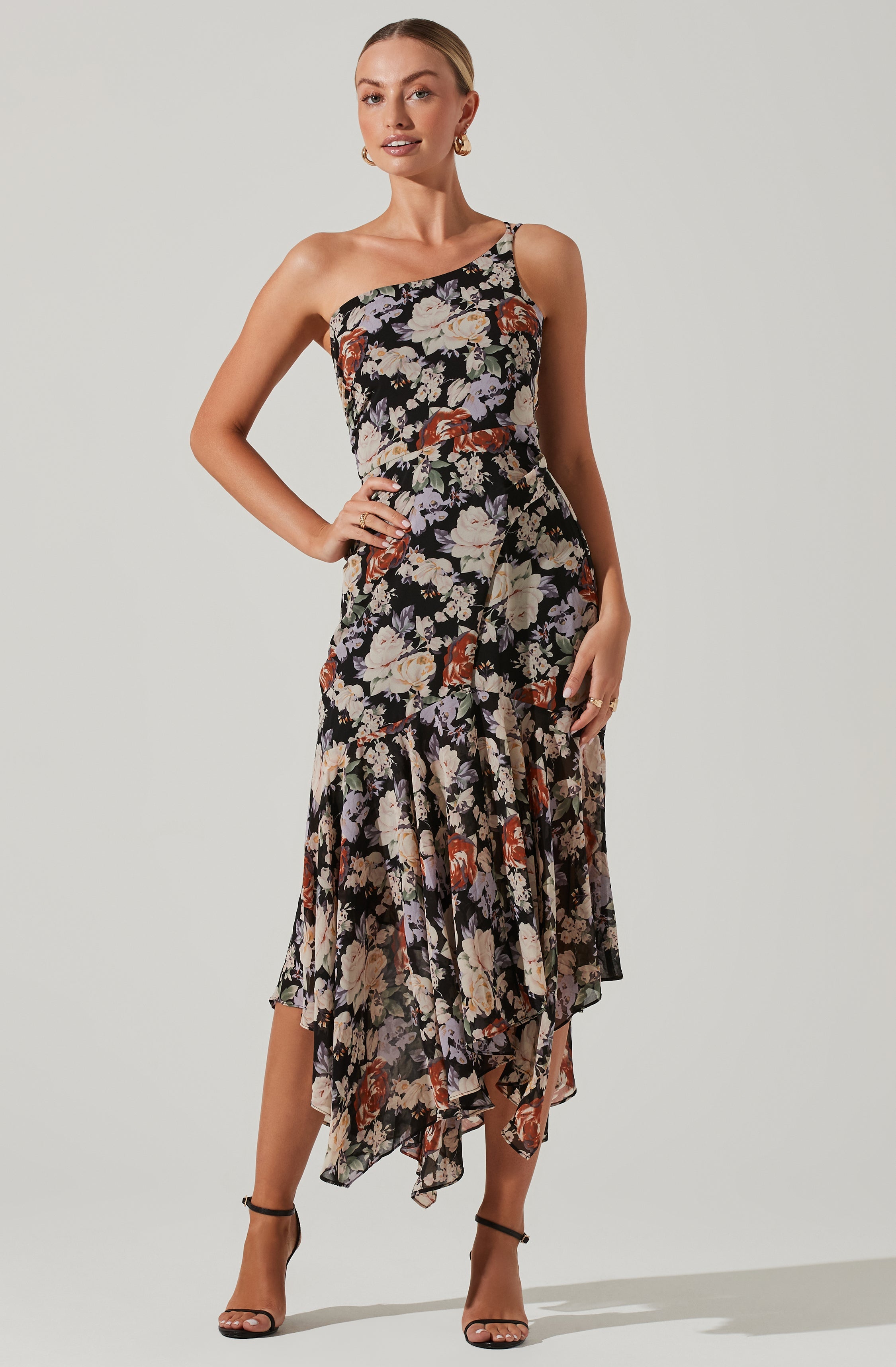 Emmylou Floral One Shoulder Midi Dress-Aljck