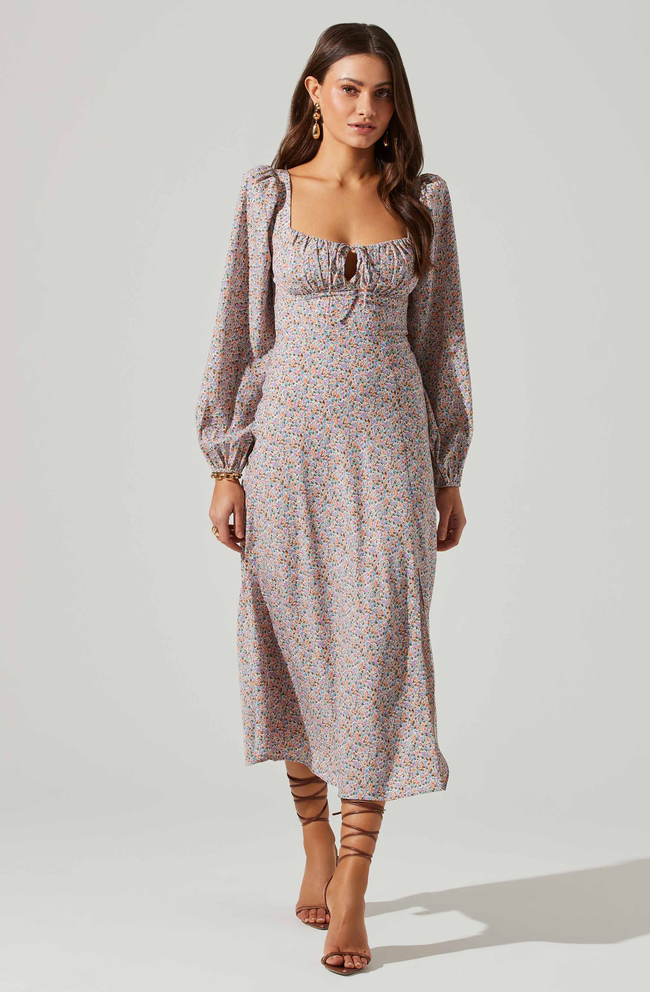 Floral Long Sleeve Back Cut Out Midi Dress-Aljck