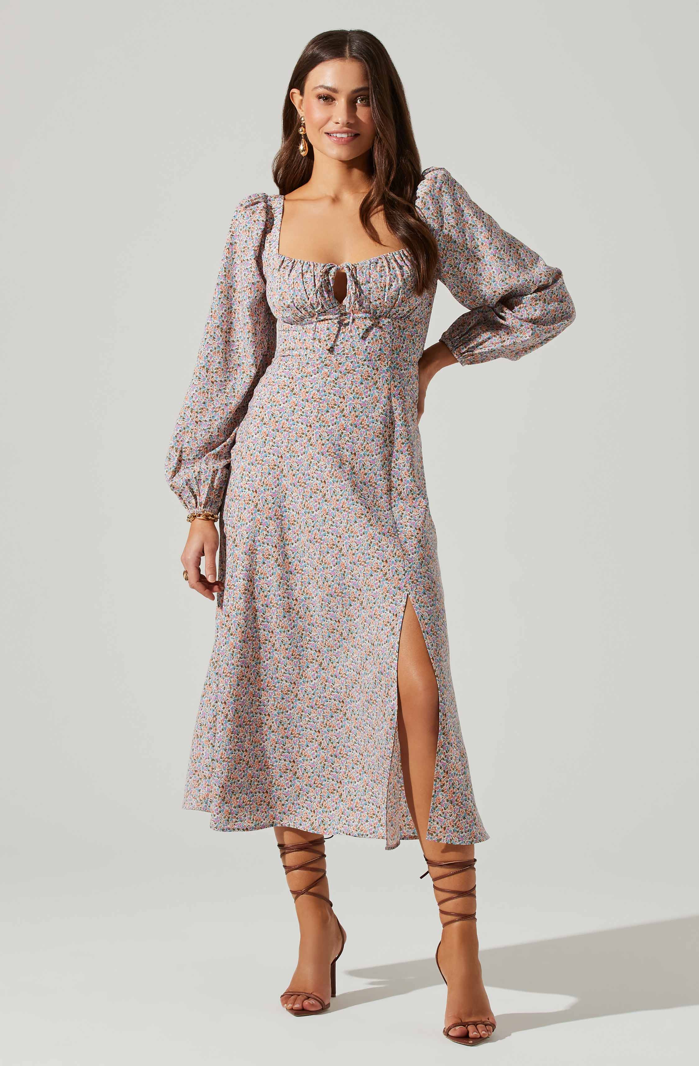 Floral Long Sleeve Back Cut Out Midi Dress-Aljck