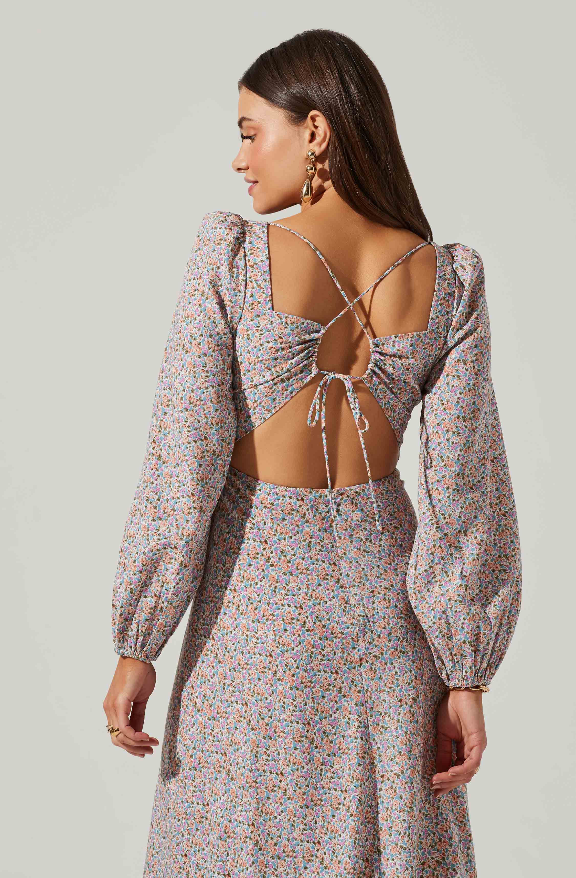 Floral Long Sleeve Back Cut Out Midi Dress-Aljck
