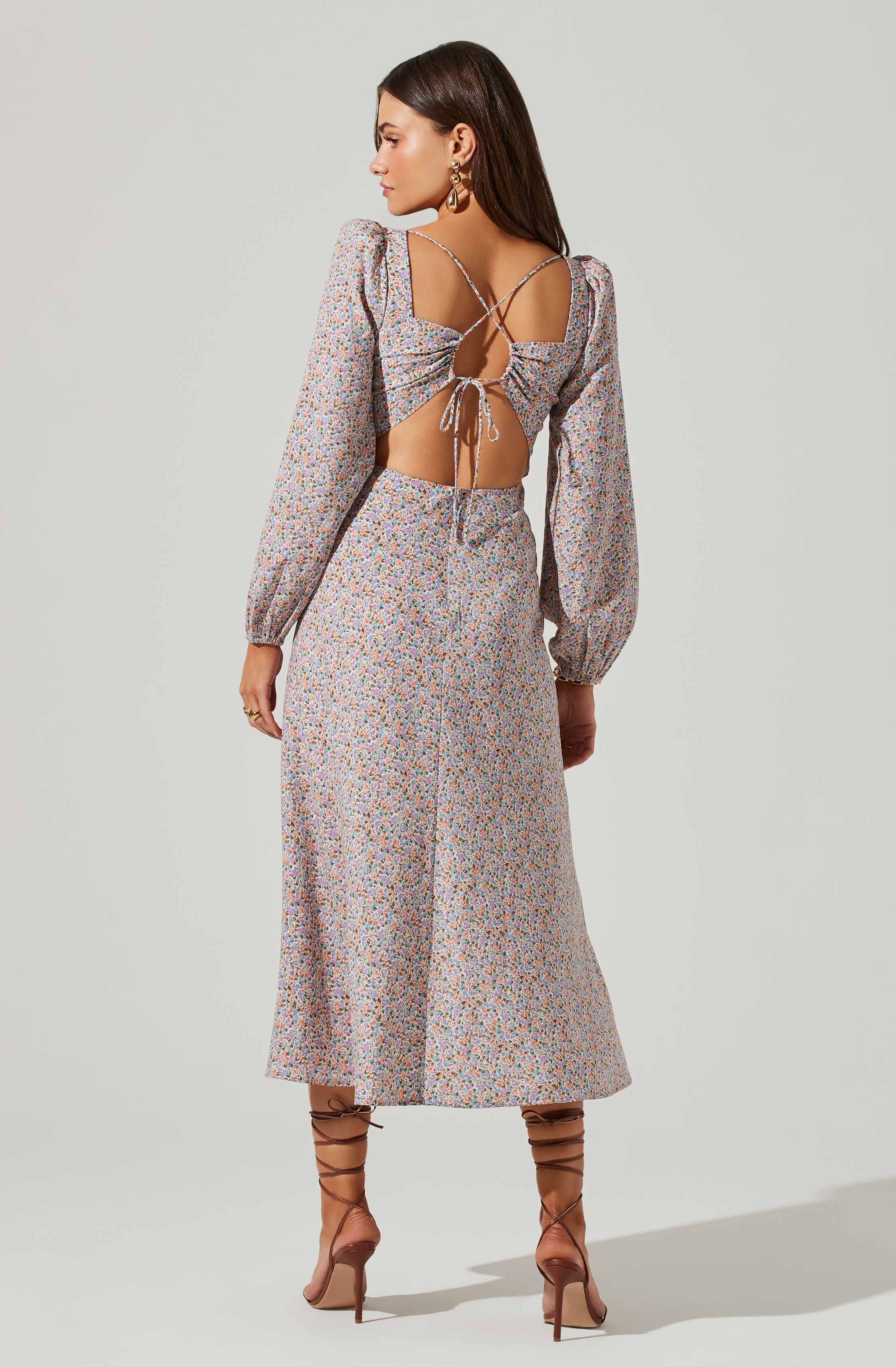 Floral Long Sleeve Back Cut Out Midi Dress-Aljck