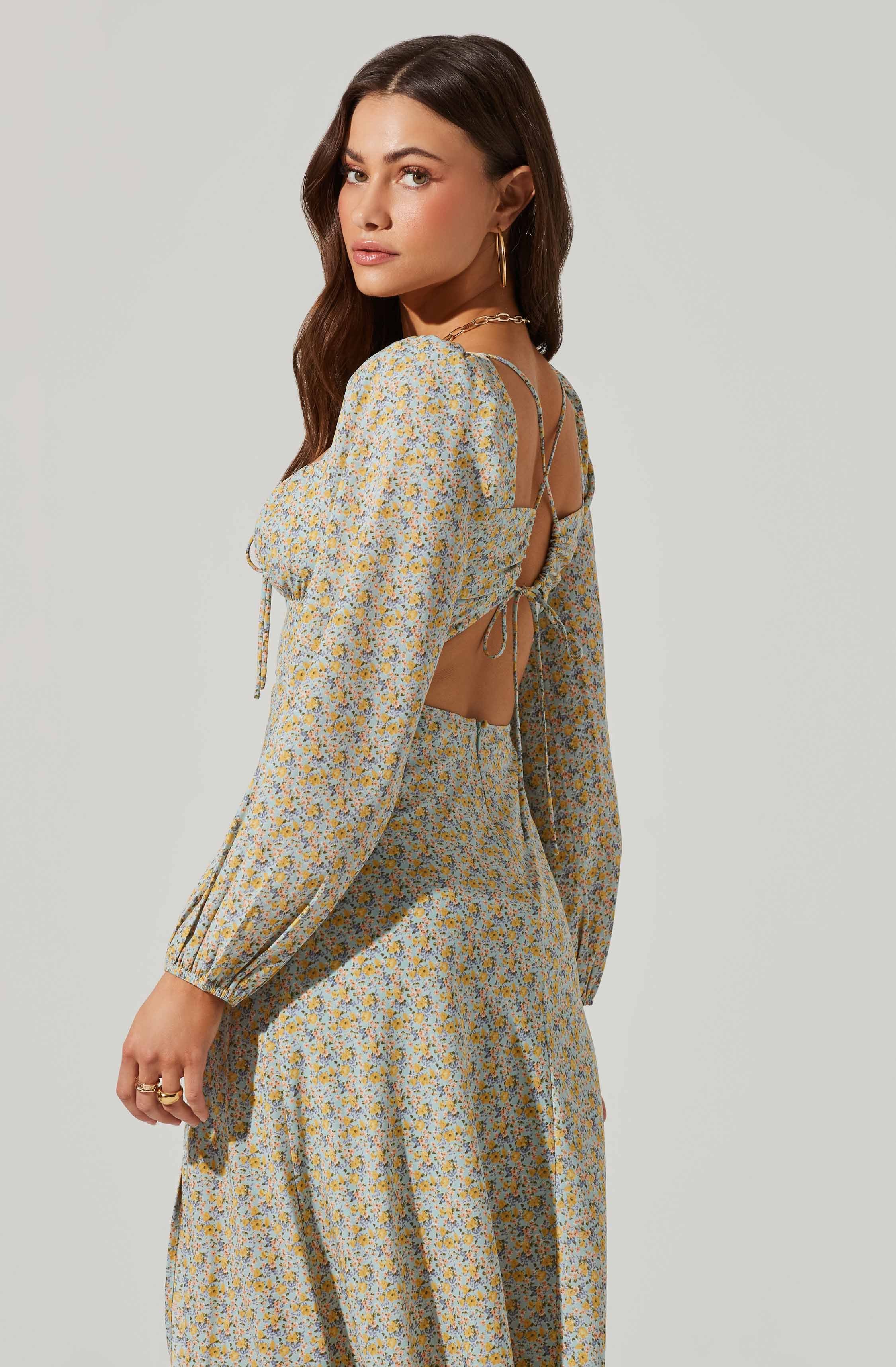 Floral Long Sleeve Back Cut Out Midi Dress-Aljck