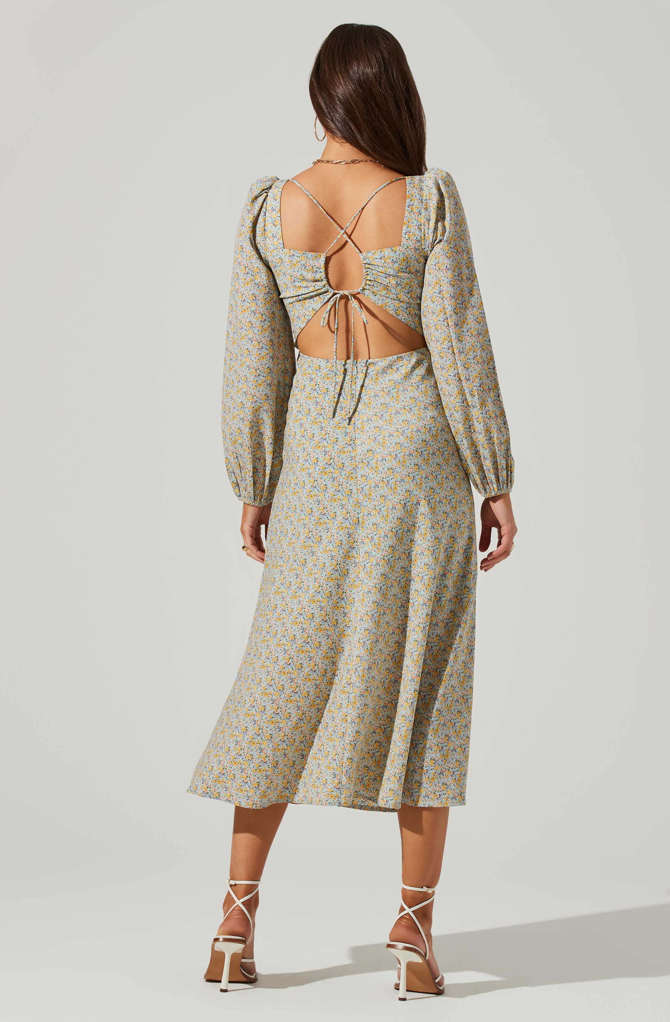 Floral Long Sleeve Back Cut Out Midi Dress-Aljck
