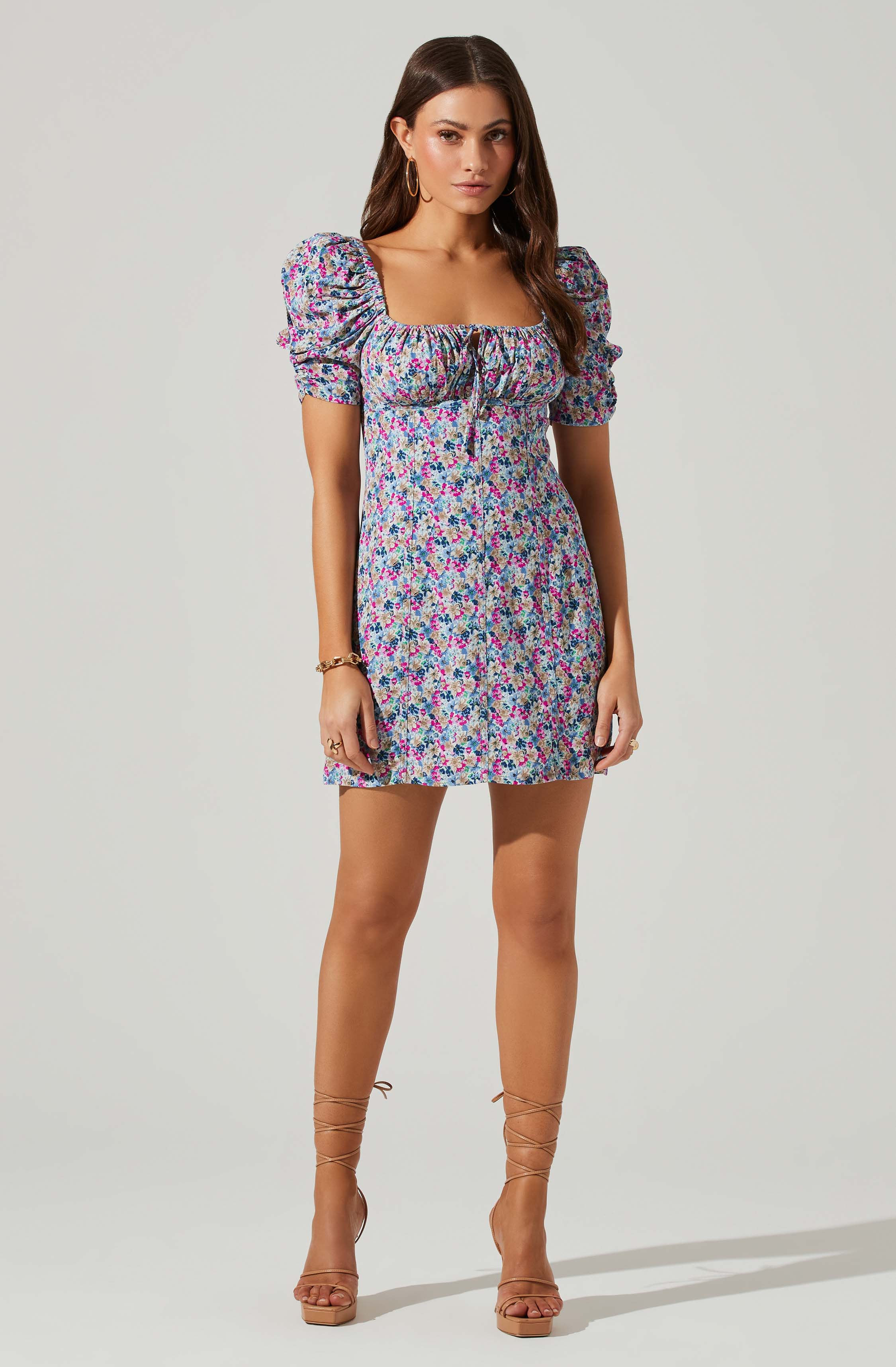 Floral Square Neck Puff Sleeve Mini Dress-Aljck