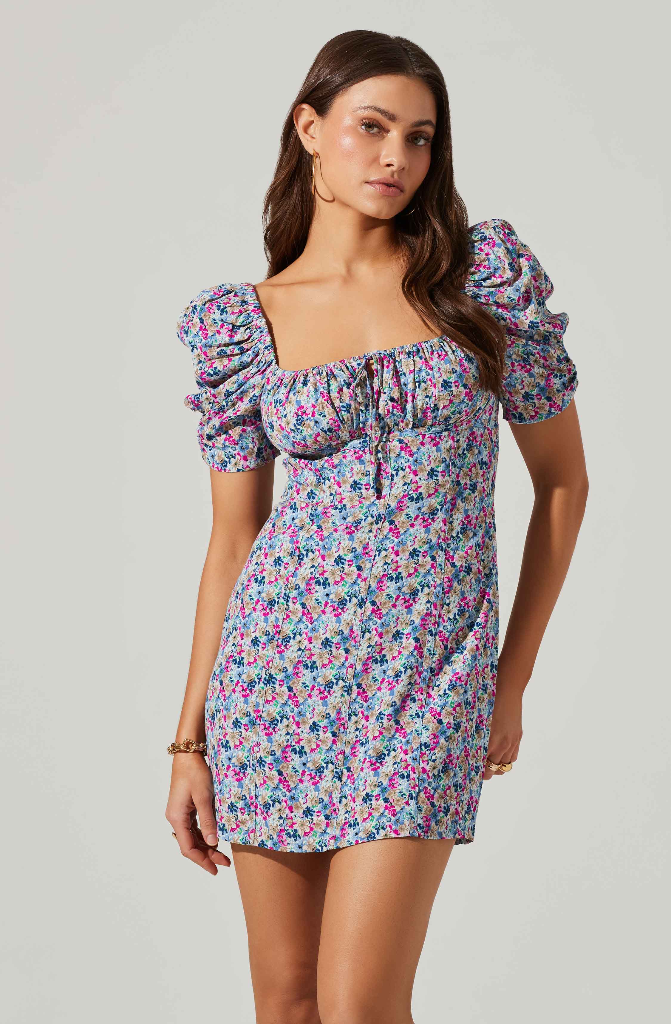Floral Square Neck Puff Sleeve Mini Dress-Aljck