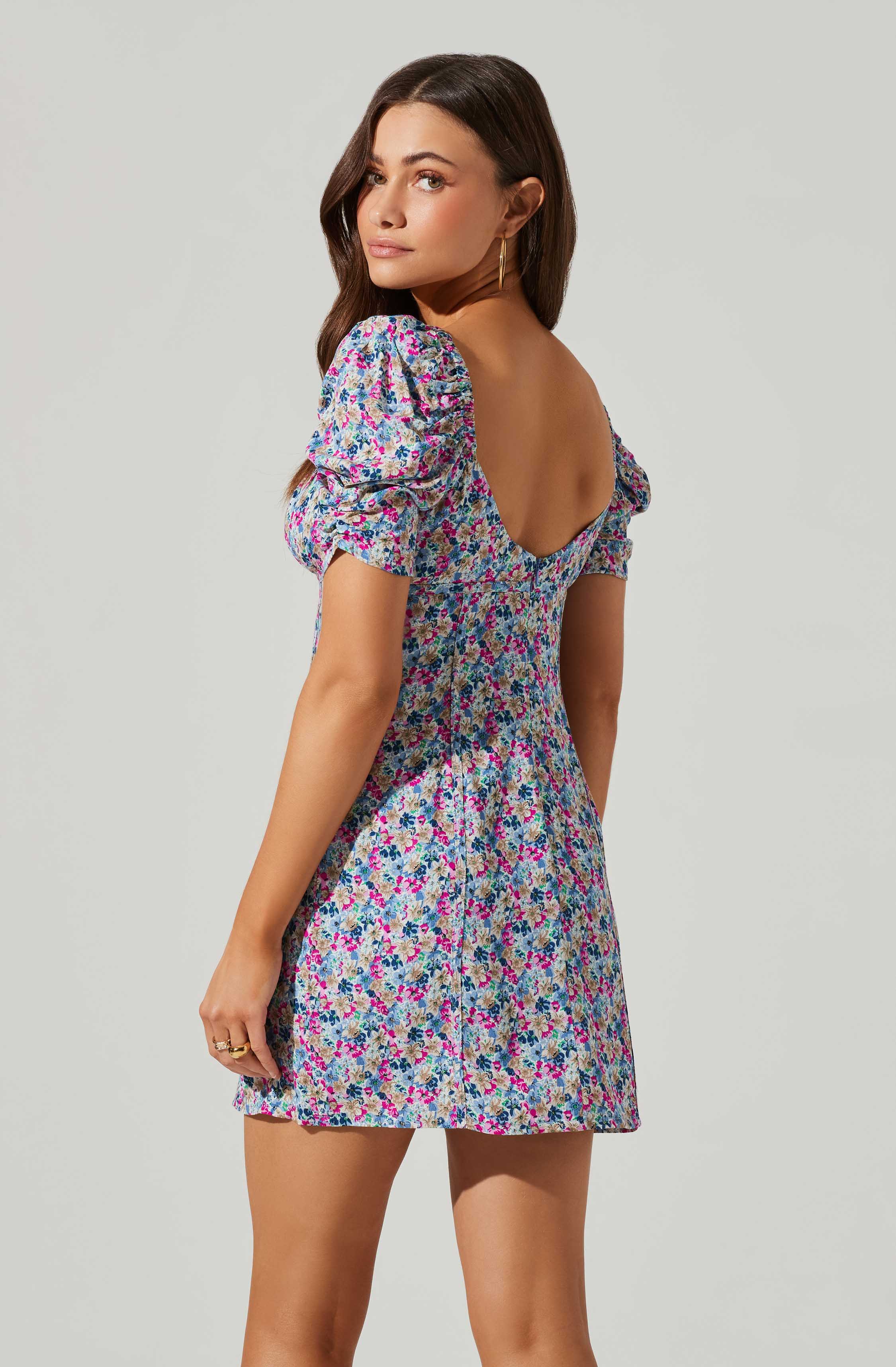 Floral Square Neck Puff Sleeve Mini Dress-Aljck