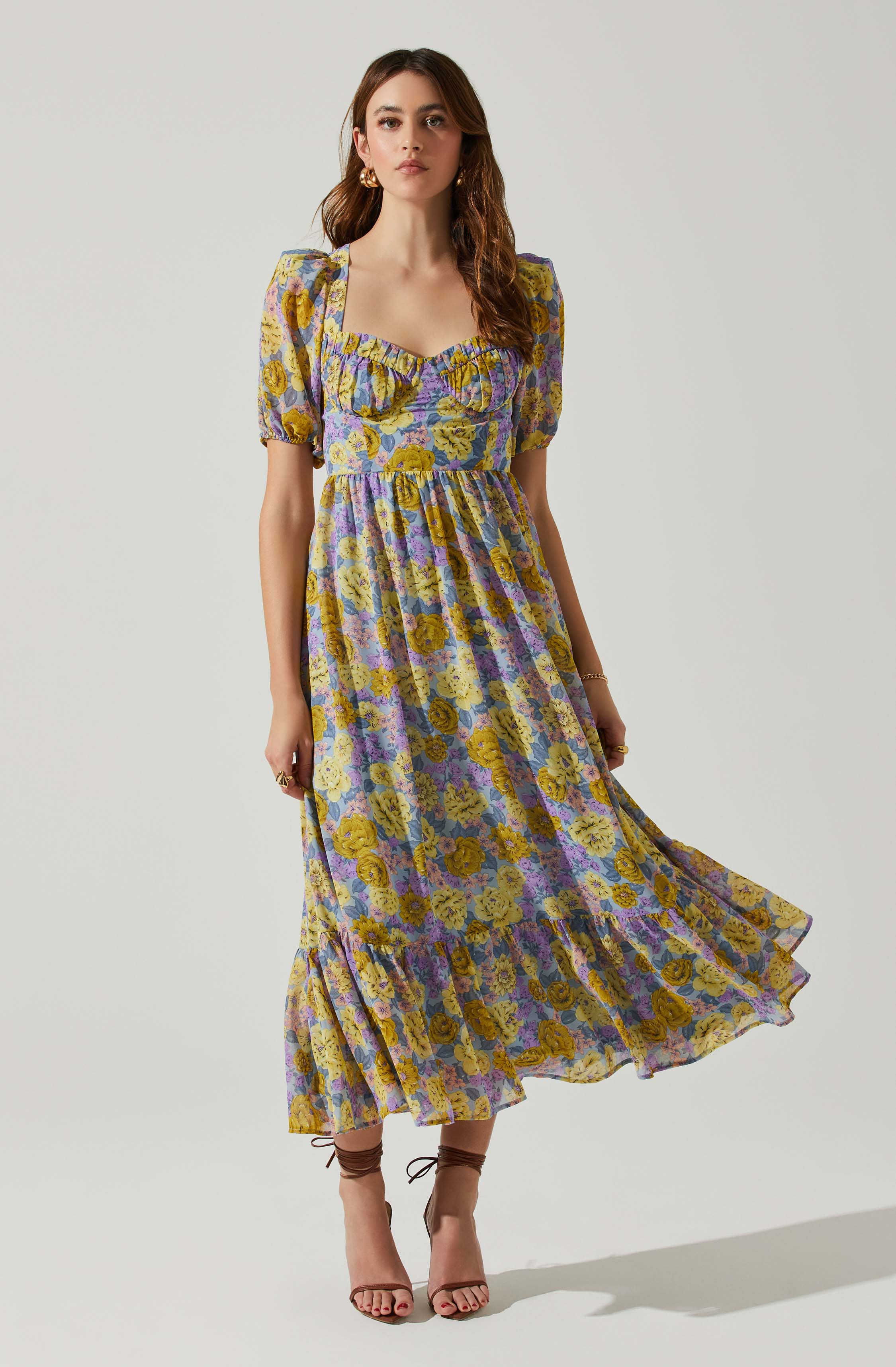 Floral Sweetheart Neck Midi Dress-Aljck